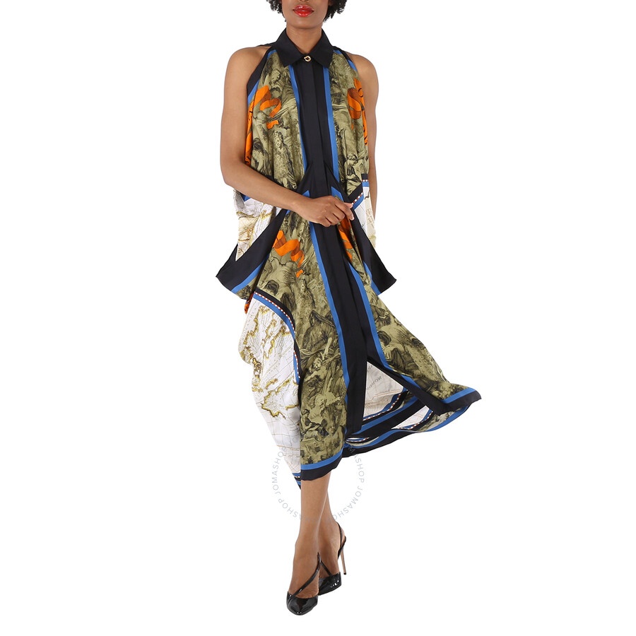 Burberry Ladies Antique Green Map Print Drape Silk Dress - 5