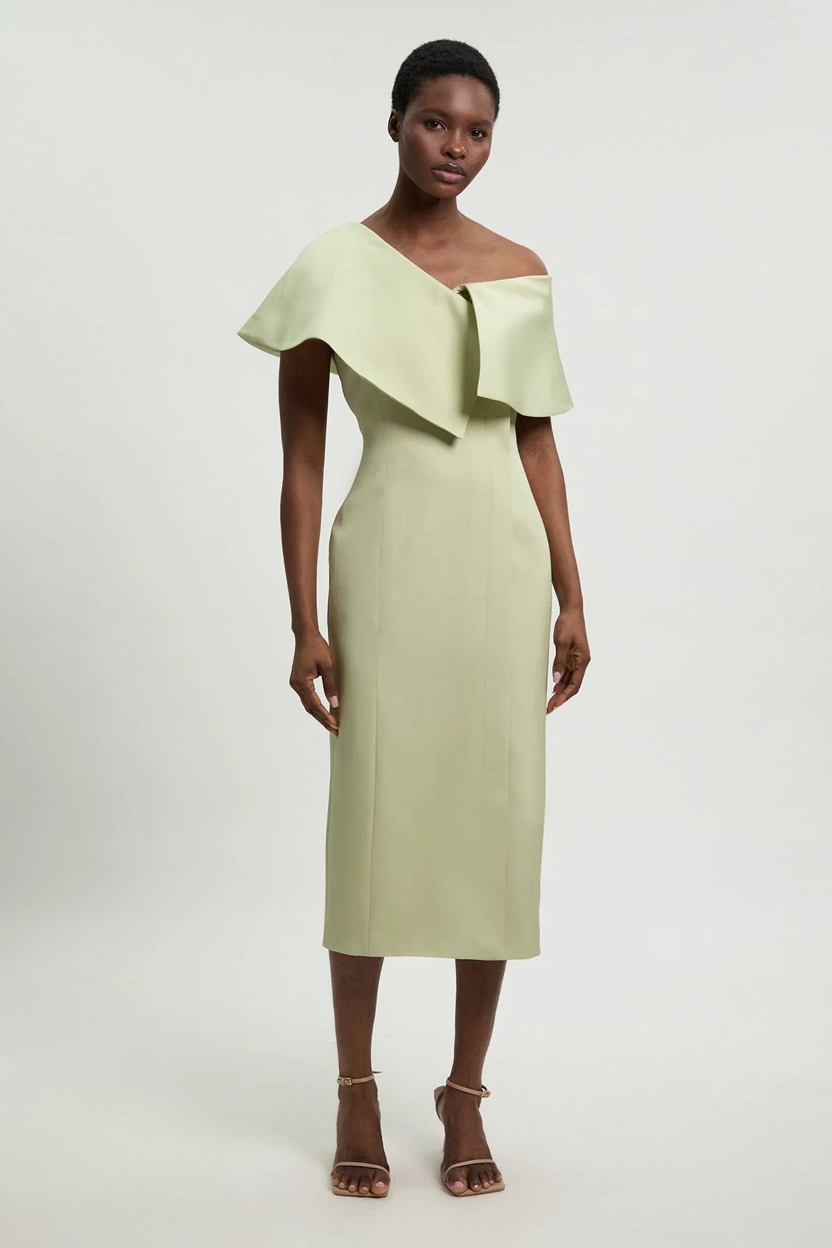 Polished Linen Blend Asymmetric Fold Detail Tailored Midi Pencil Dress - 1