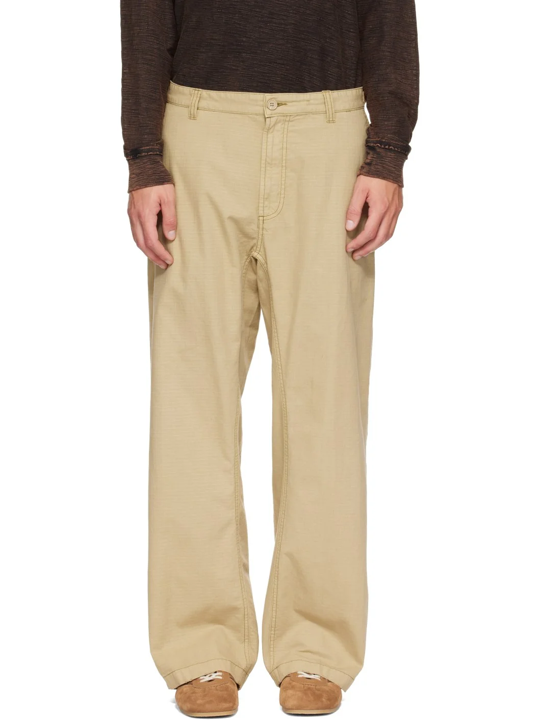 Beige Cotton Ripstop Side Buckles Trousers - 1