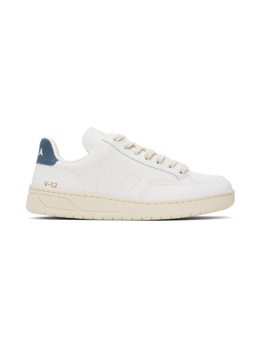 White & Navy V-12 Stitch Leather Sneakers - 1