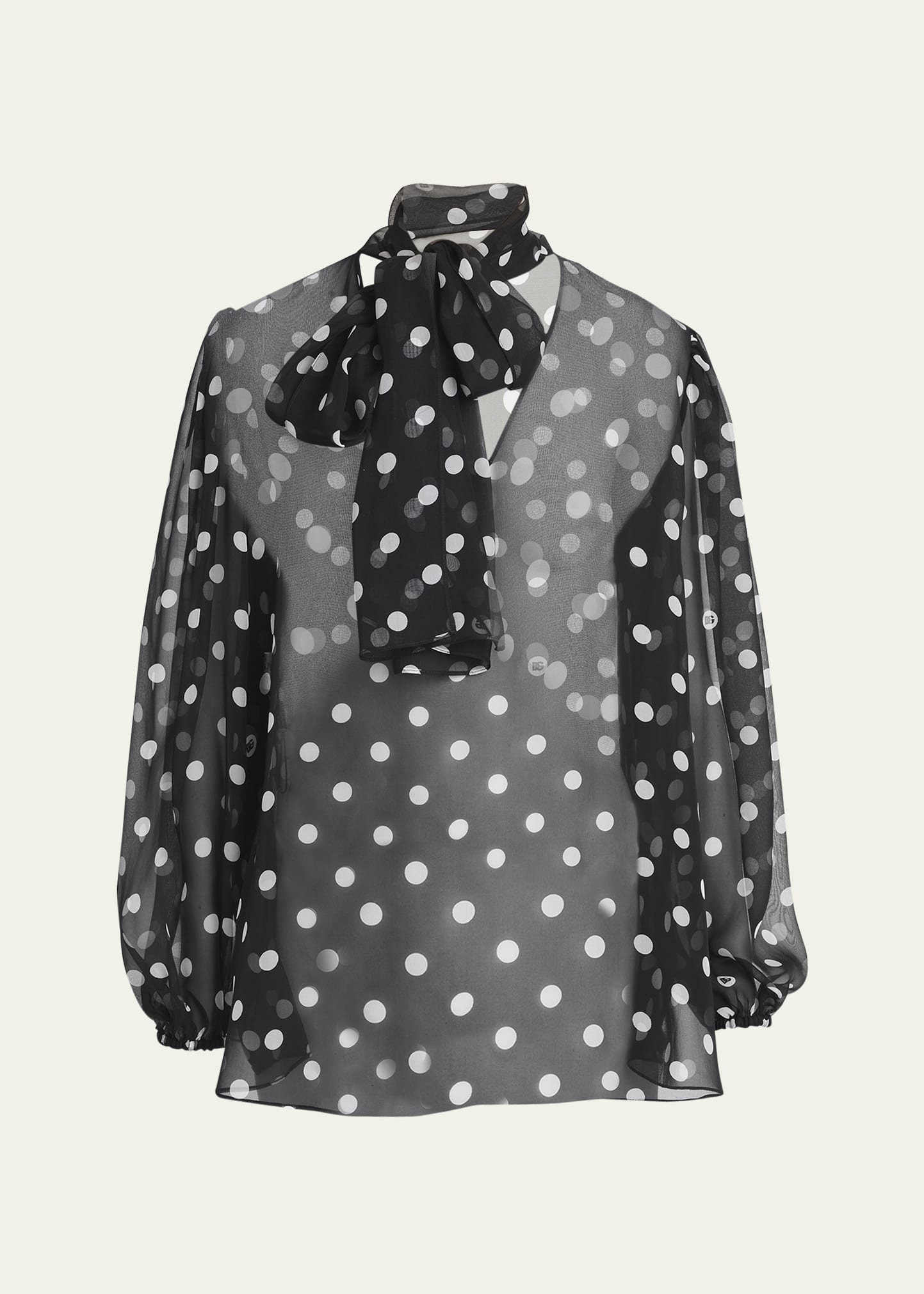 Polka Dot Chiffon Scarf-Neck Blouse - 1