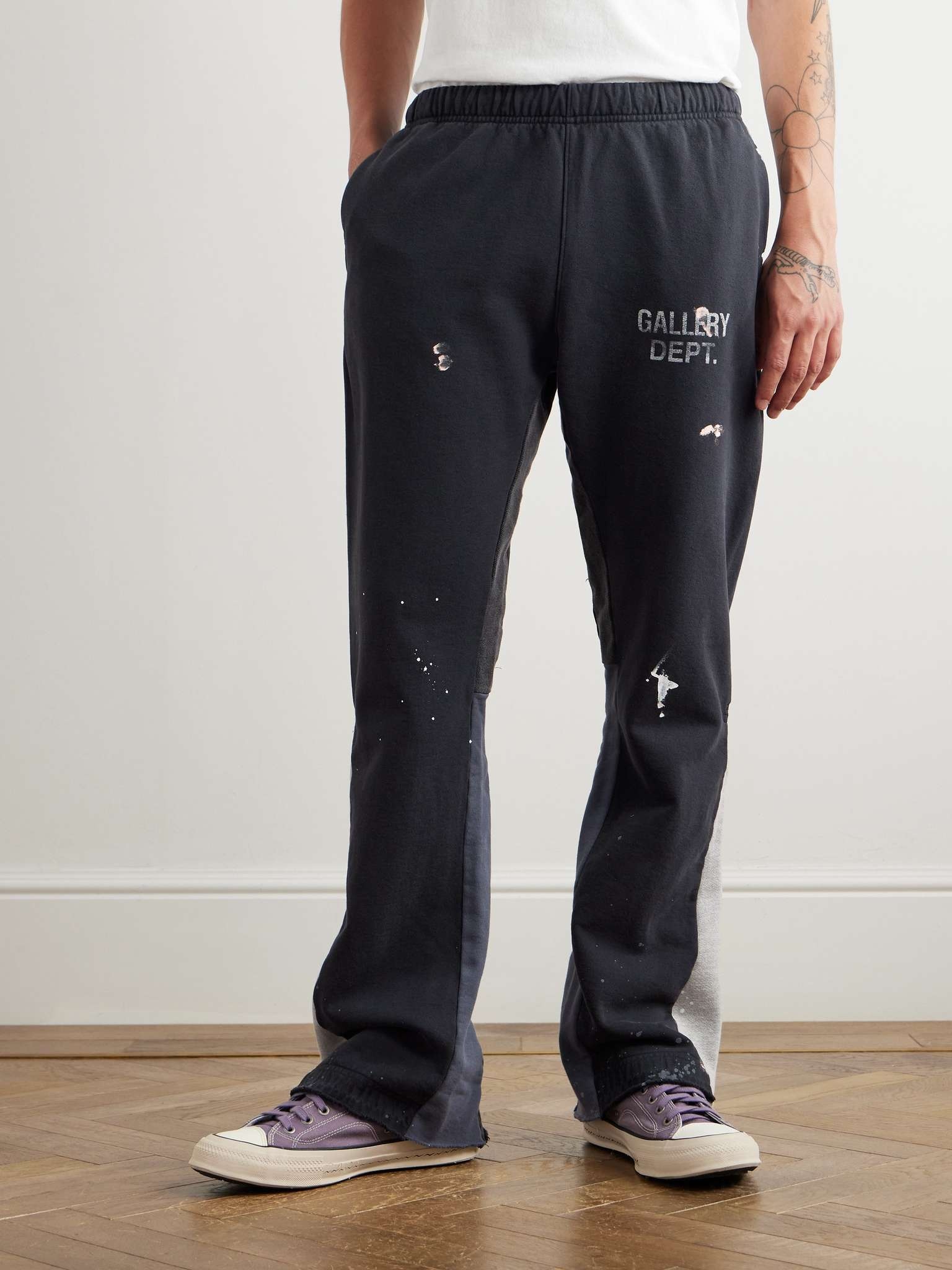 Flared Paint-Splattered Panelled Logo-Print Cotton-Jersey Sweatpants - 3