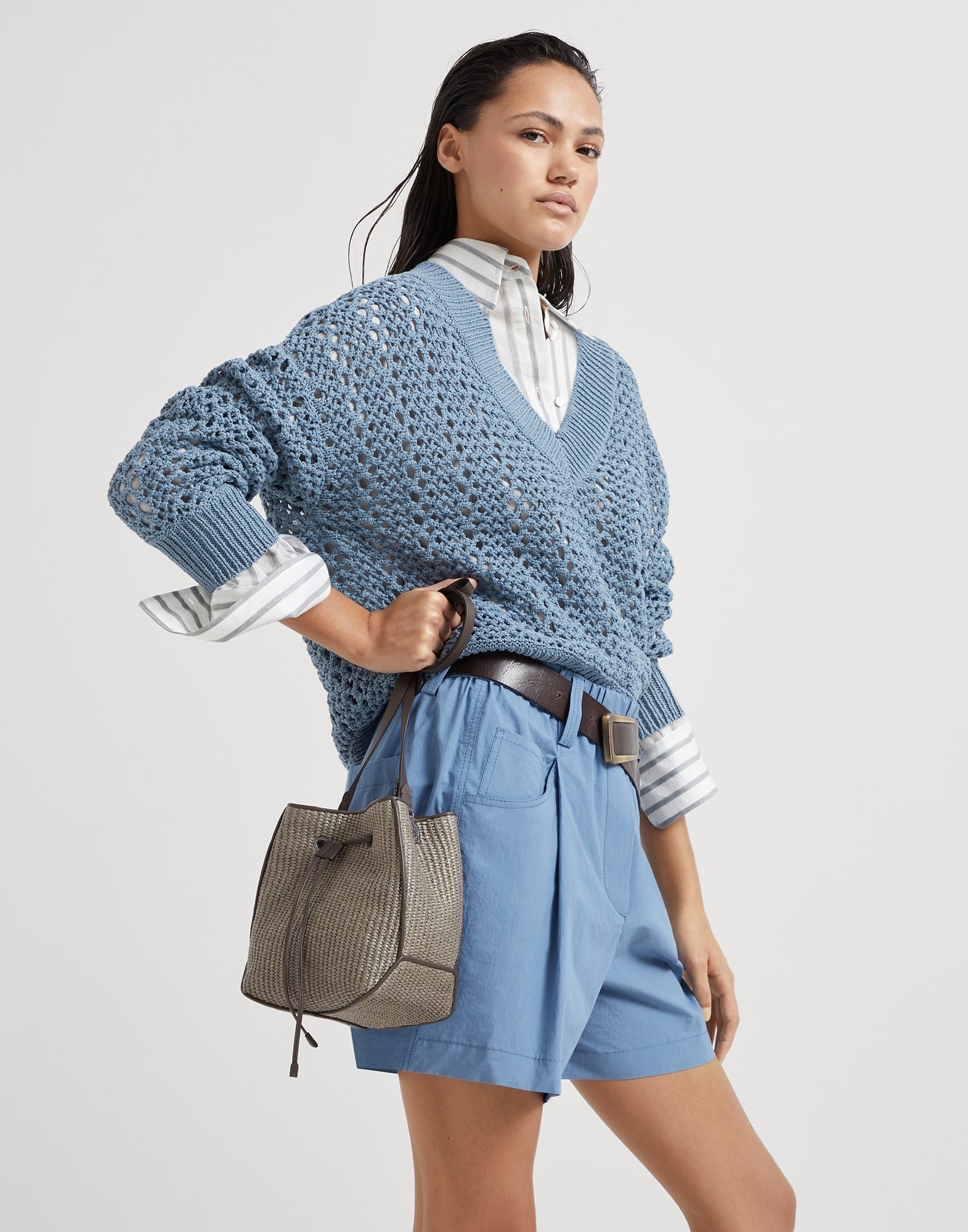 Techno raffia bucket bag with monili - 4