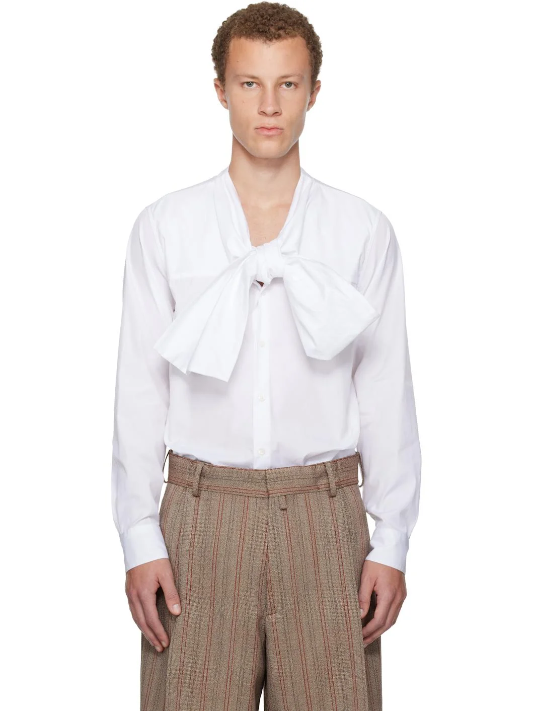 White Bow Neck Cotton Shirt - 1