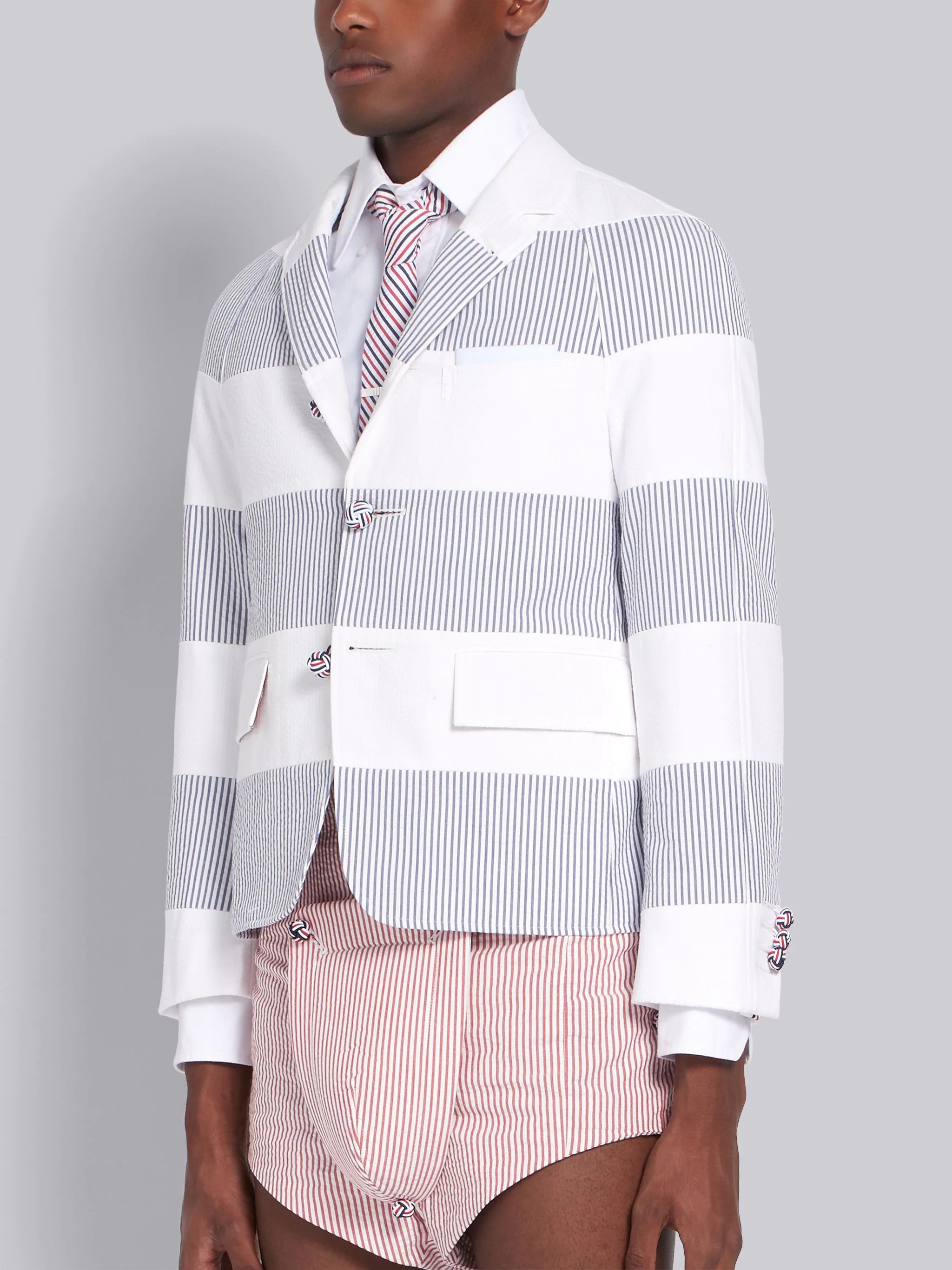 White Seersucker Rugby Stripe Cropped Raglan Sport Coat - 2