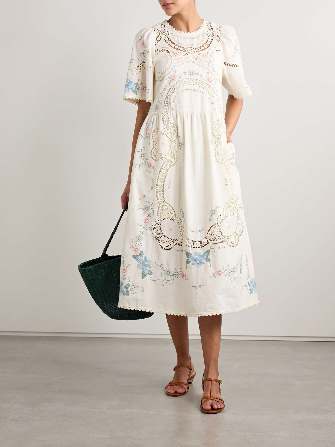 Vesna broderie anglaise-trimmed embroidered cotton and linen-blend midi dress White - 2