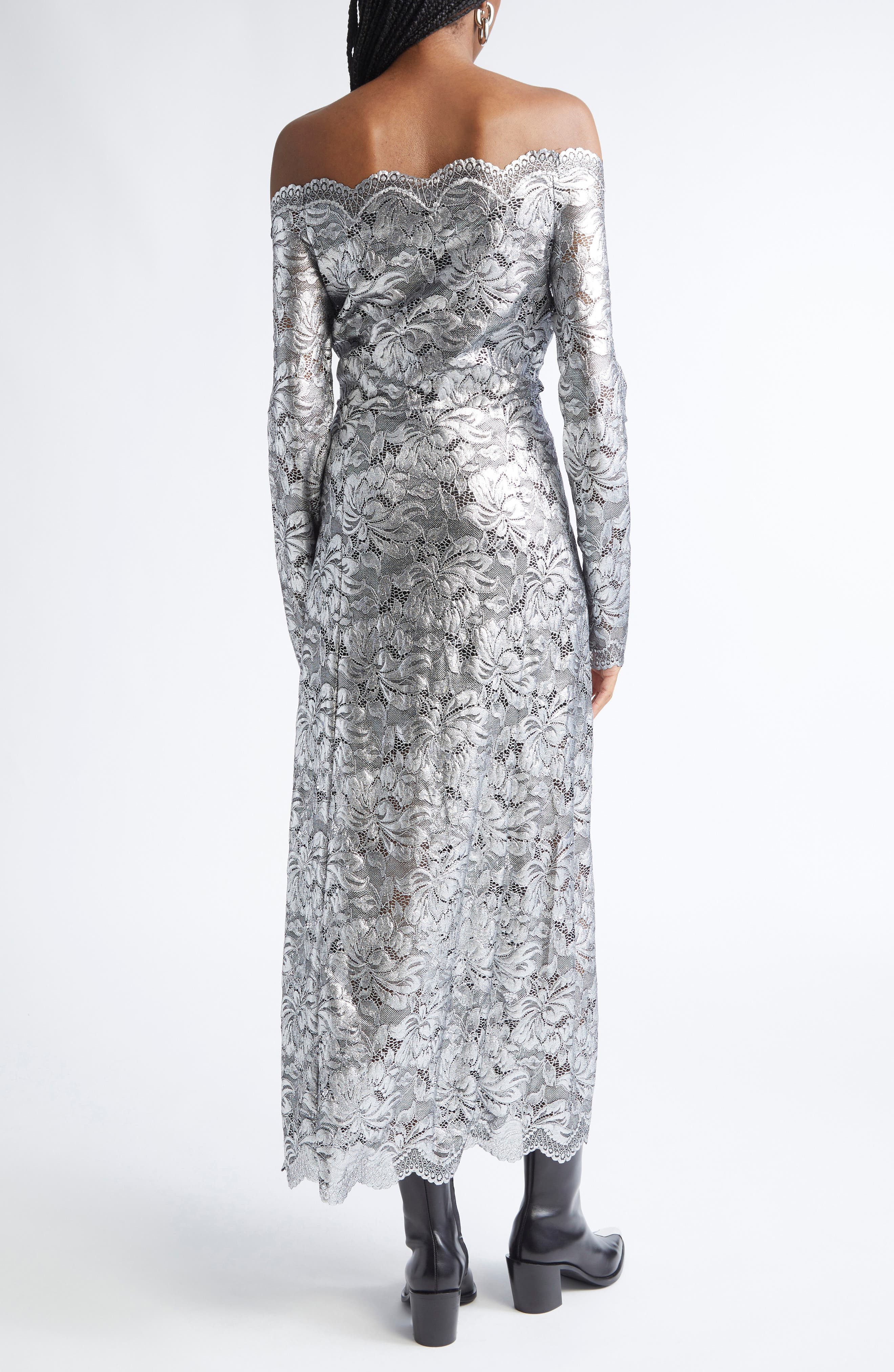 Rabanne Metallic Long Sleeve Stretch Lace Dress in Black /Silver at Nordstrom - 2