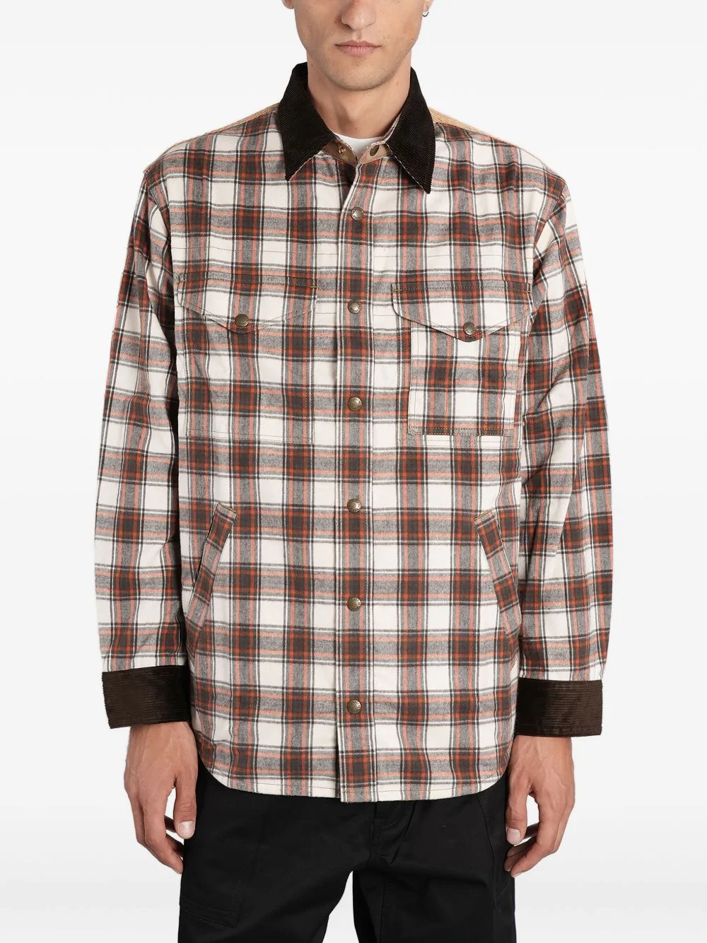 checked corduroy-paneled overshirt - 1