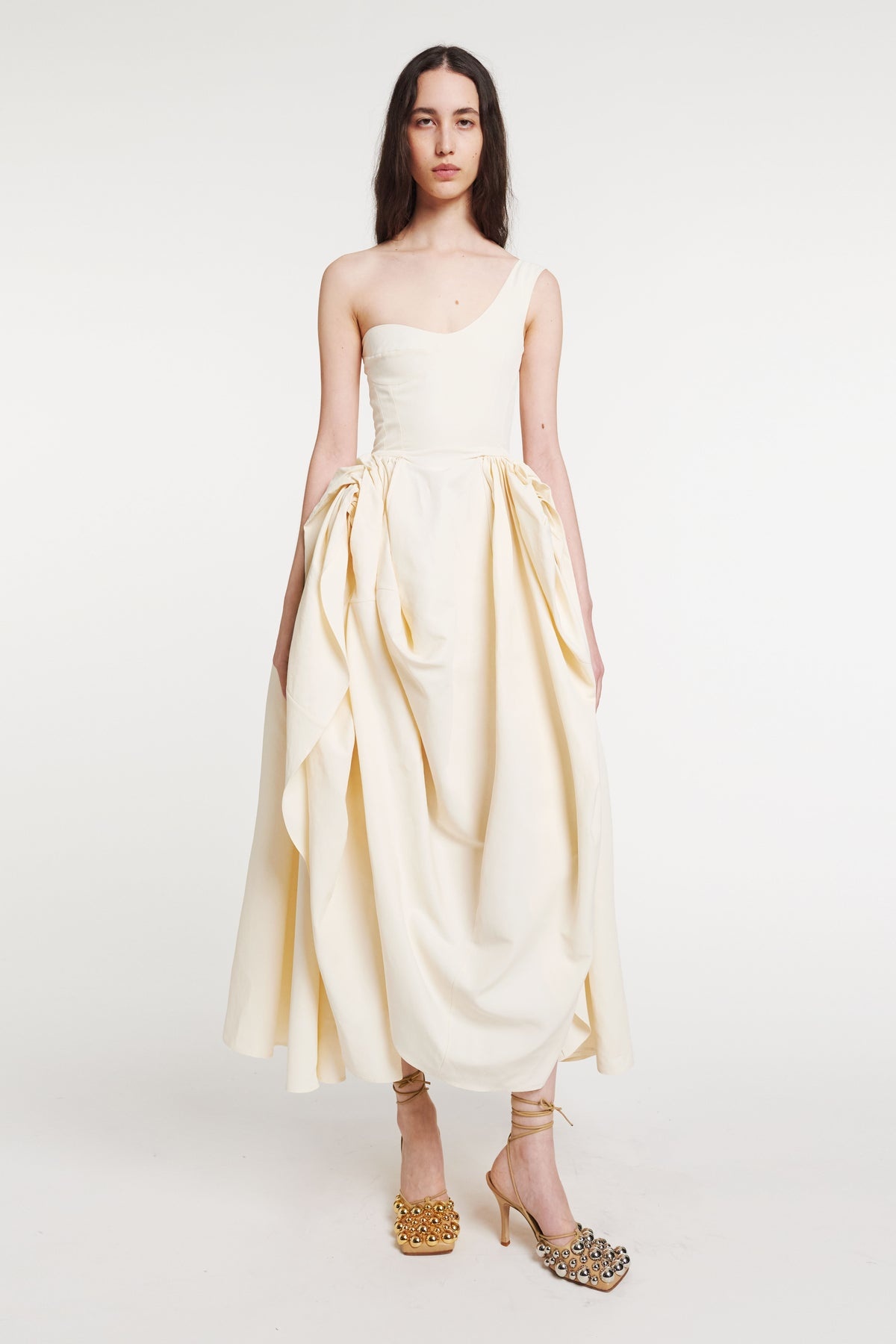 ASYMMETRIC OFF-SHOULDER DRESS WITH GATHERED DRAPED SKIRT ECRU - 1