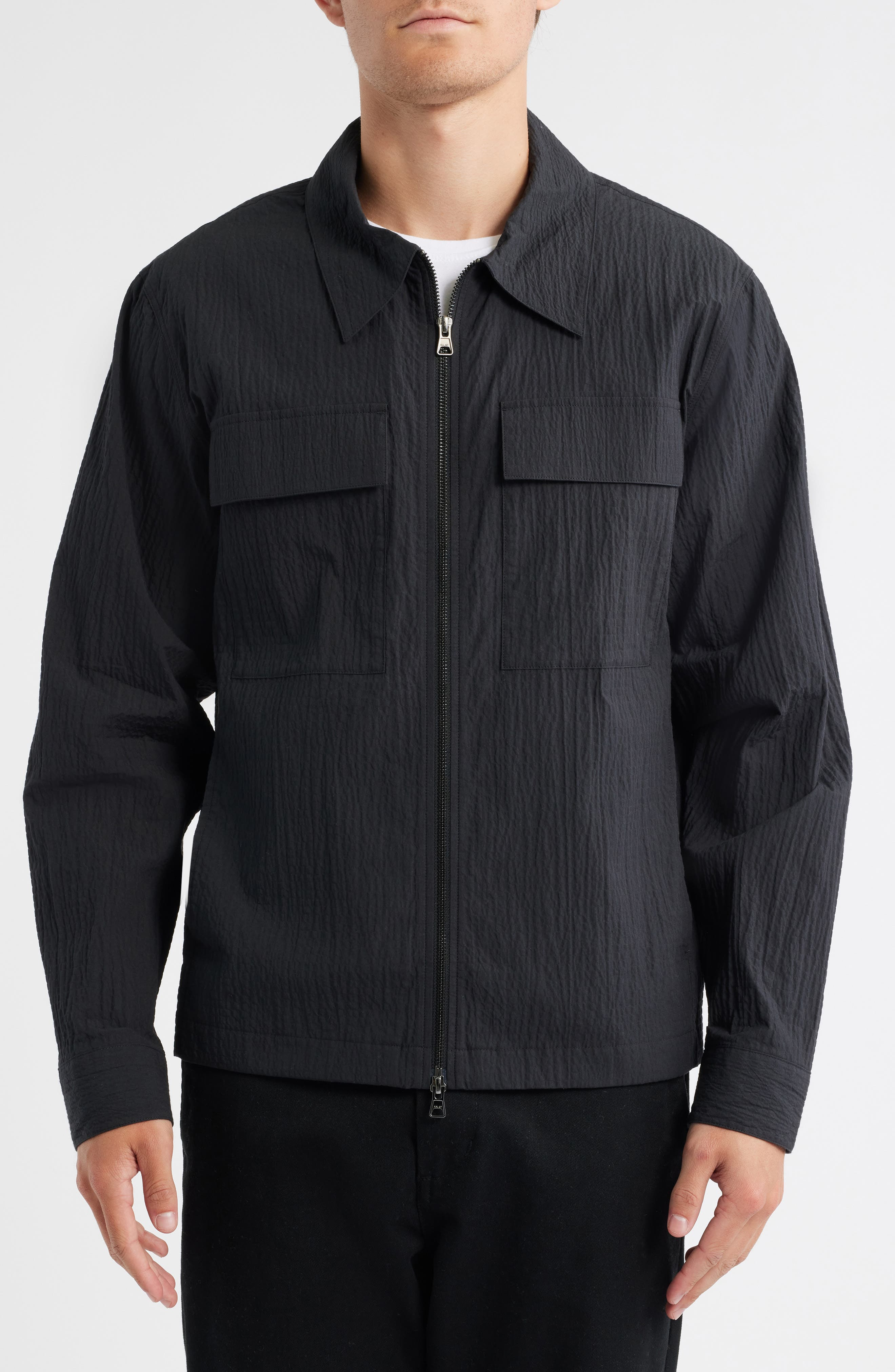 NN07 Alban 5721 Cotton Seersucker Zip-Up Shirt Jacket in Black at Nordstrom - 2