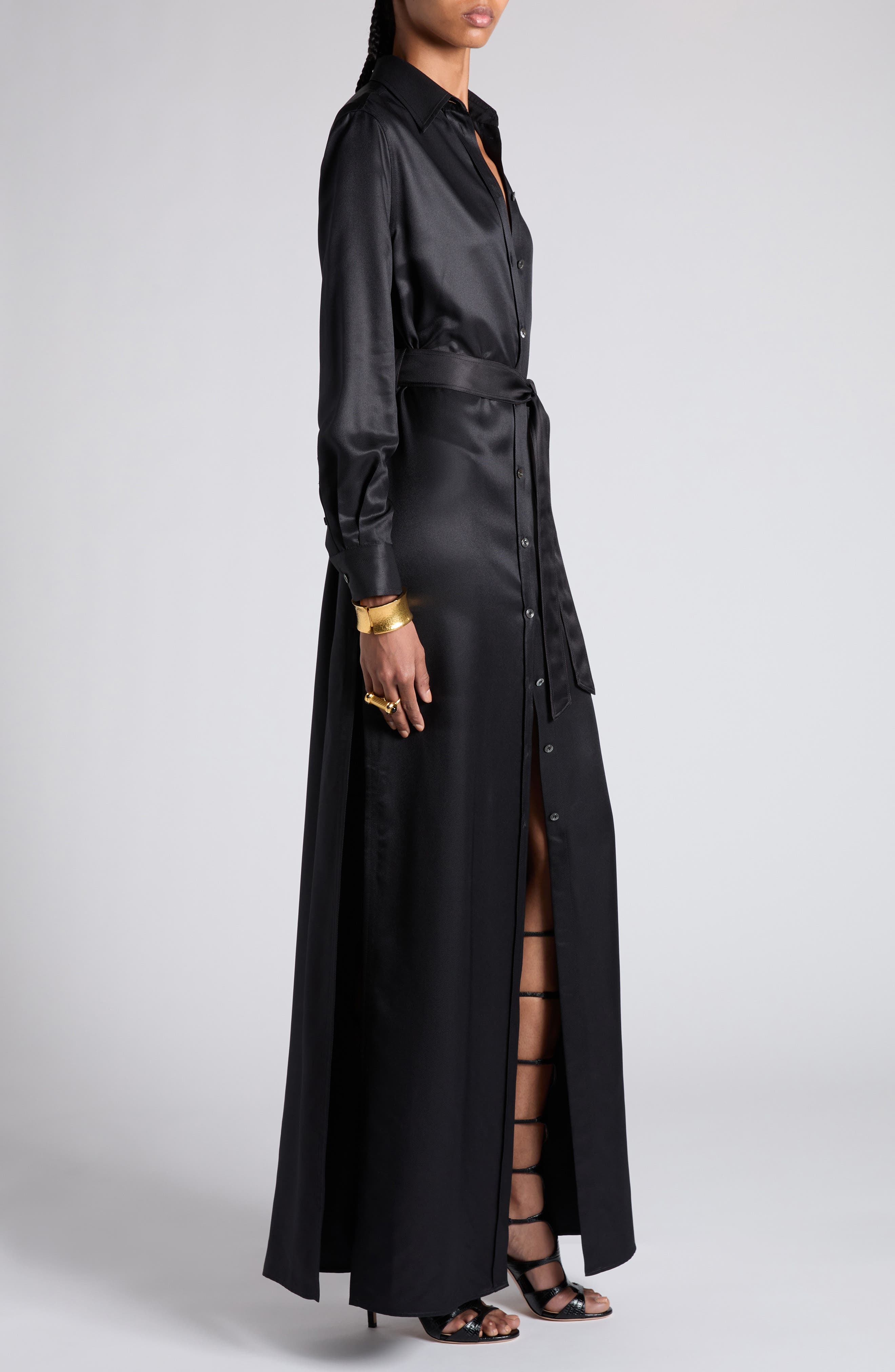 TOM FORD Long Sleeve Silk Twill Belted Shirtdress in Lb999 Black at Nordstrom - 3