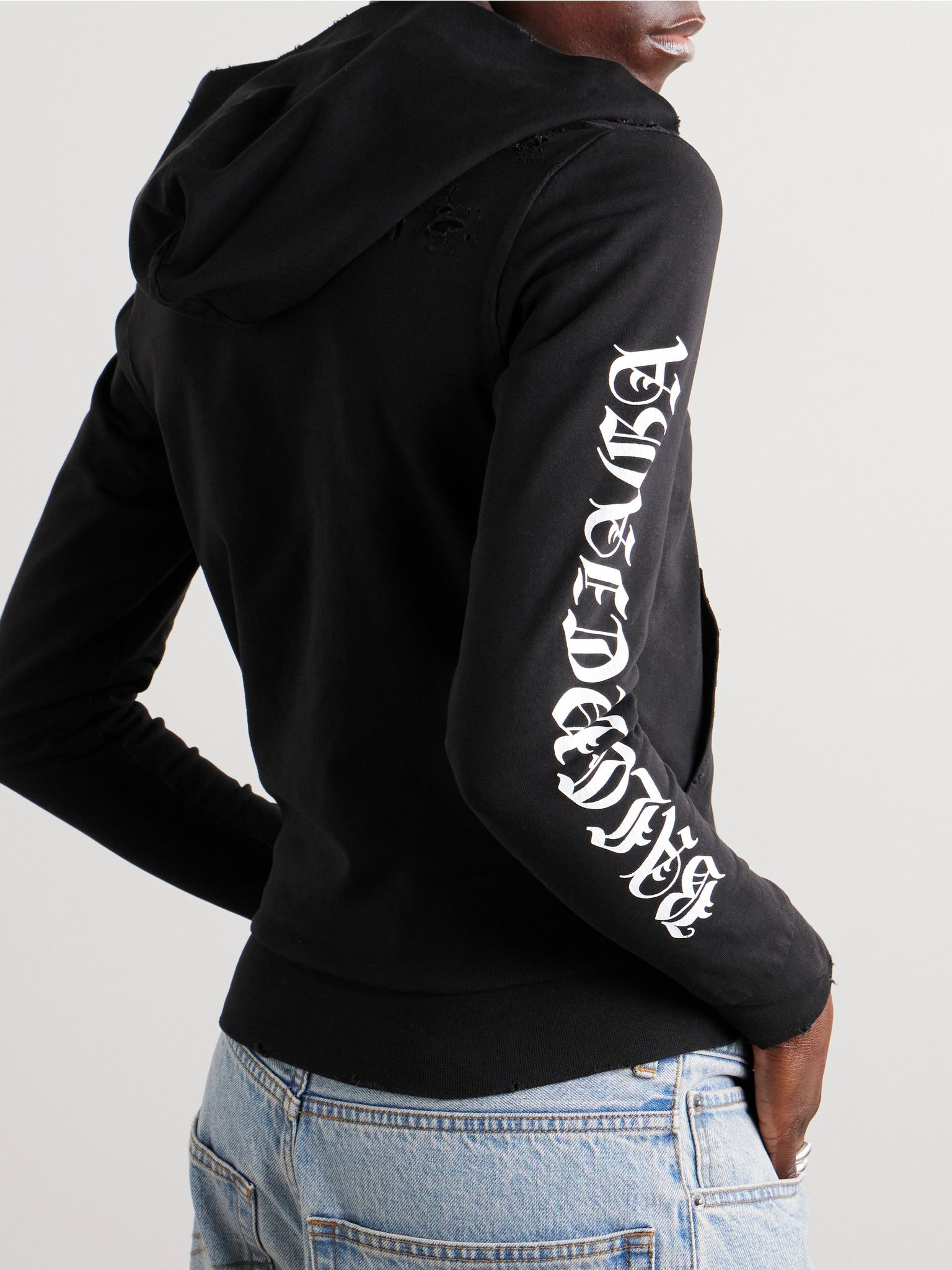 Distressed printed cotton-blend jersey hoodie Black - 3