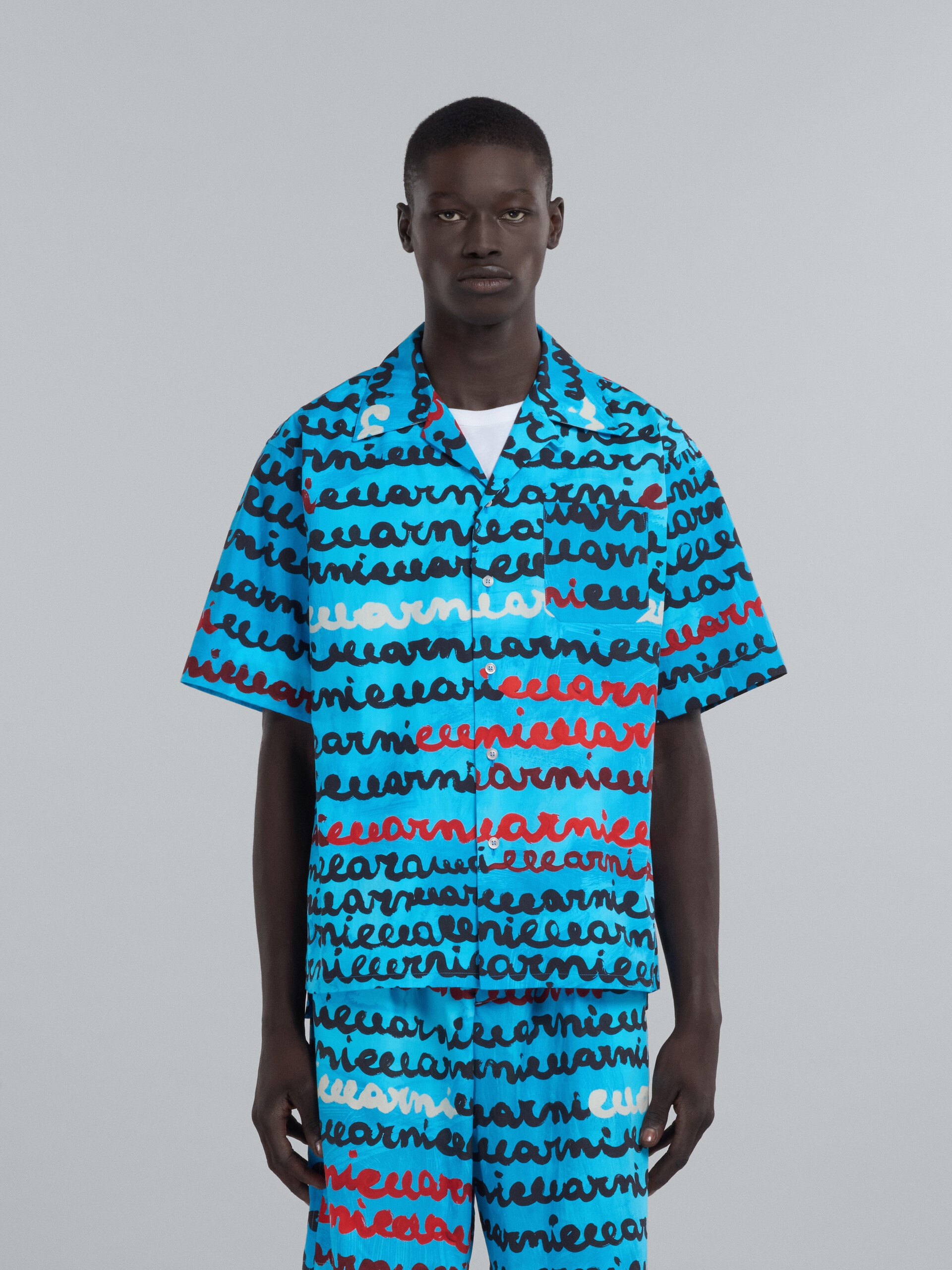 TURQUOISE COTTON BOWLING SHIRT WITH MAREMARNI PRINT - 2