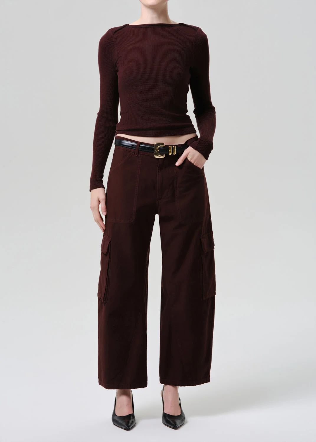 Long Sleeve Baby Waffle Tee In Mahogany - 1