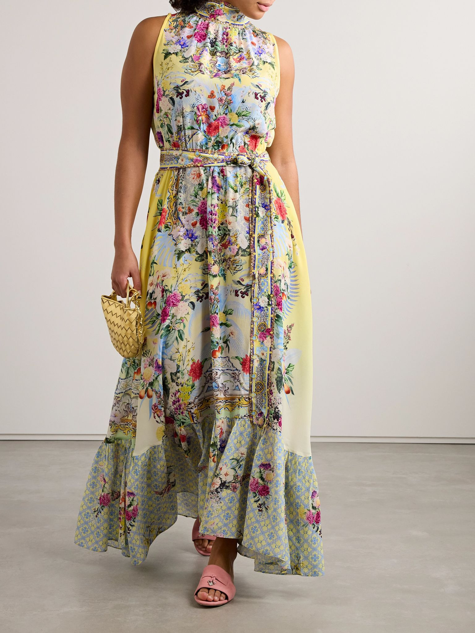 Belted tie-neck crystal-embellished floral-print silk-georgette maxi dress Yellow - 2