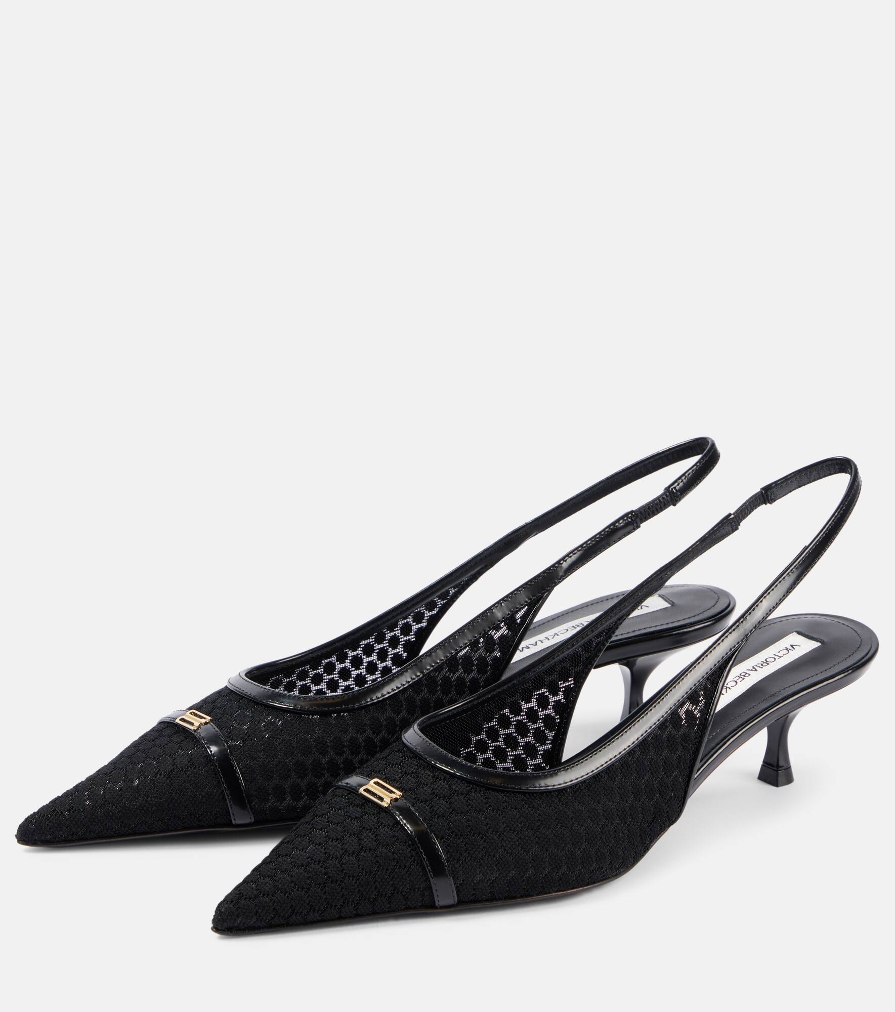 Leather-trimmed mesh slingback pumps - 4