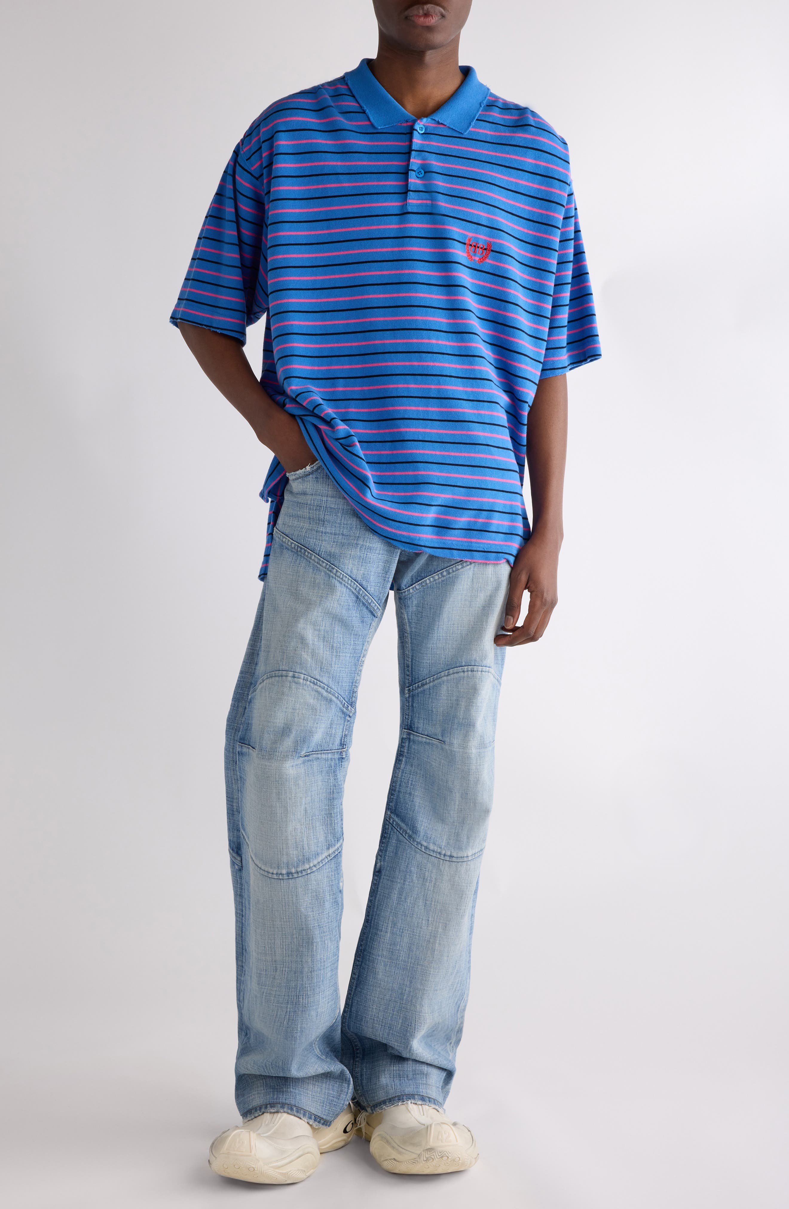 Balenciaga Laurel Embroidered Oversize Cotton Piqué Polo in 4326 Blue/Pink at Nordstrom - 2