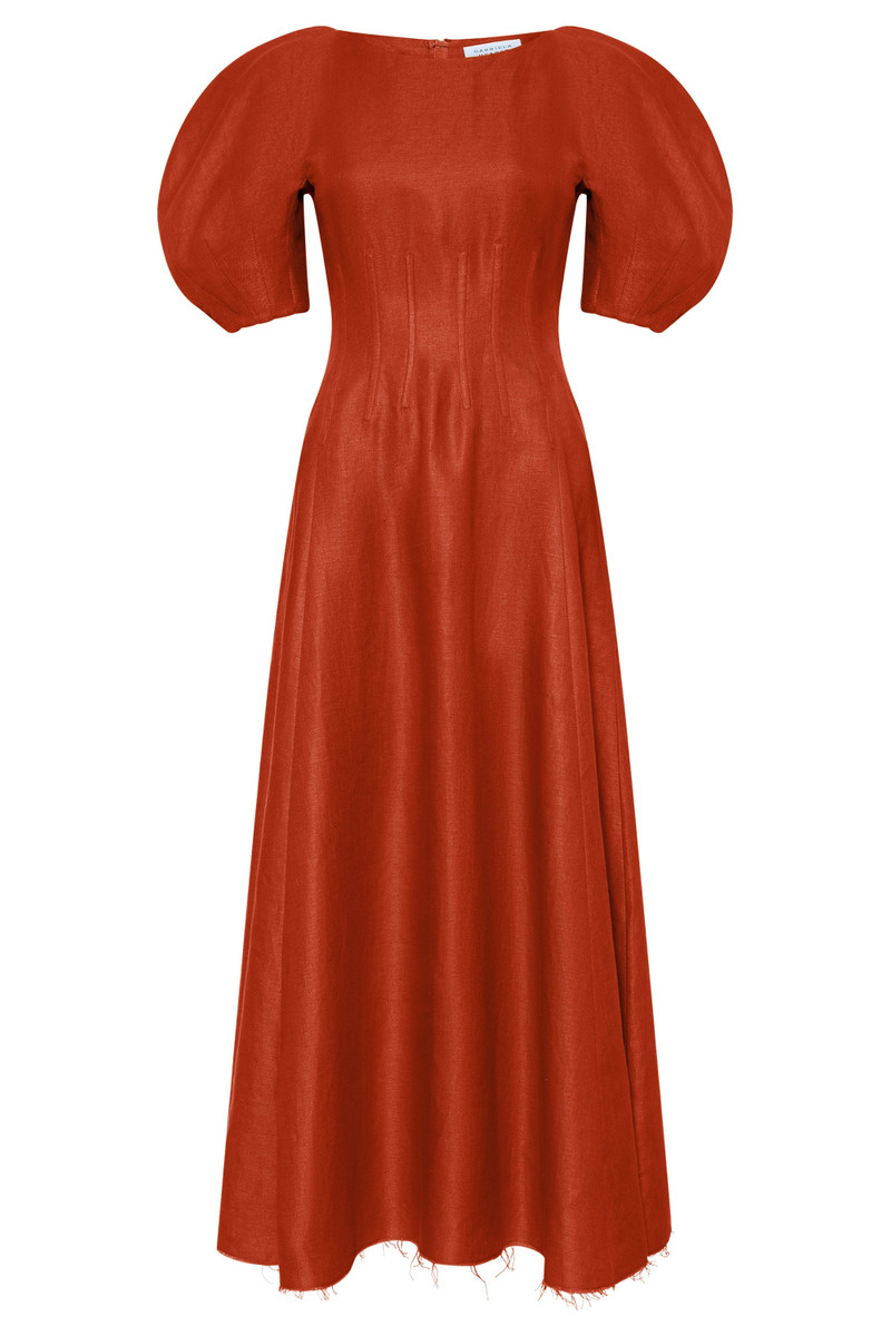 Ranya Puff Sleeve Maxi Dress in Antelope Orange Linen Twill 1