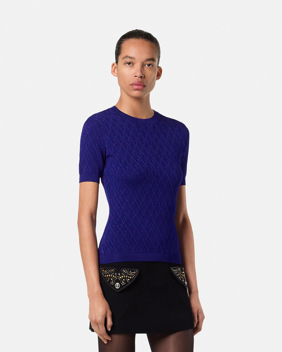 V Allover Jacquard Fitted Knit T-Shirt - 4