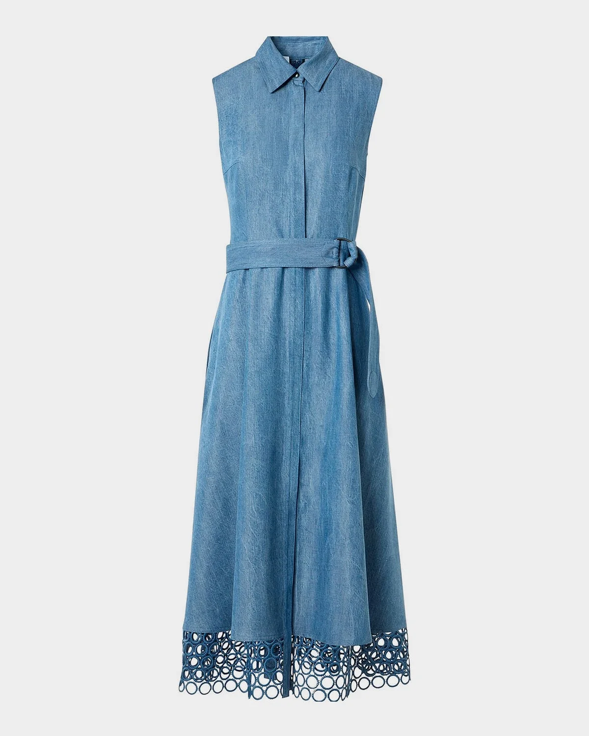 Sleeveless Dot Embroidered Denim Midi Shirtdress - 1