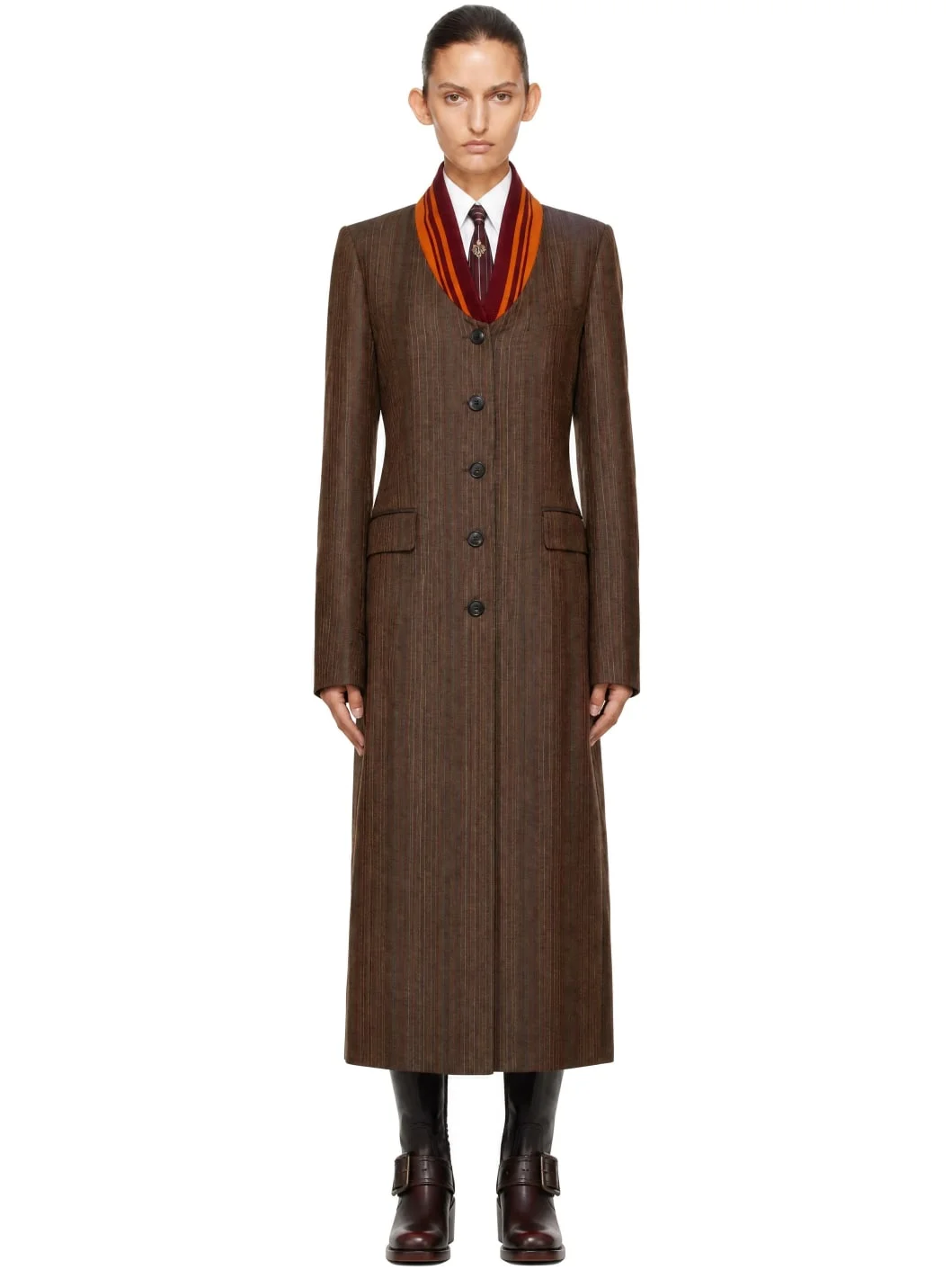 Brown Pinstripe Wool Coat - 1