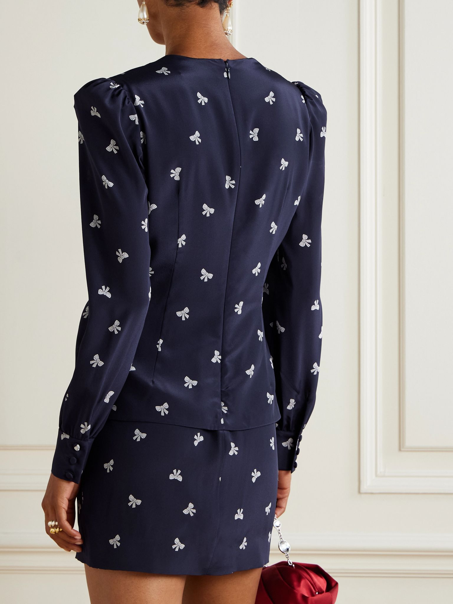 Wrap-effect embellished pleated printed silk crepe de chine mini dress Navy - 3