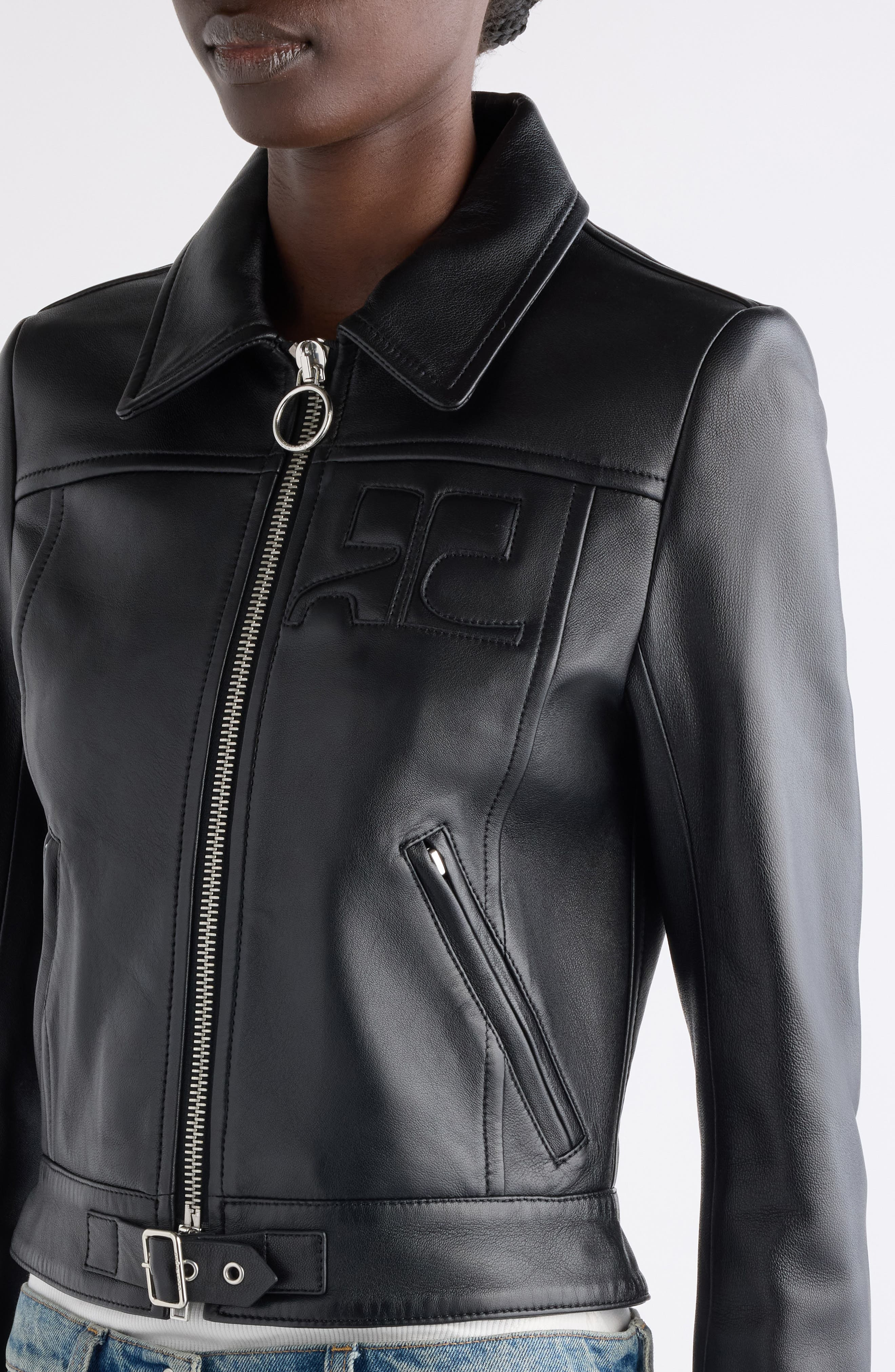 Courrèges Iconic Zip Lambskin Leather Jacket in Black at Nordstrom - 5