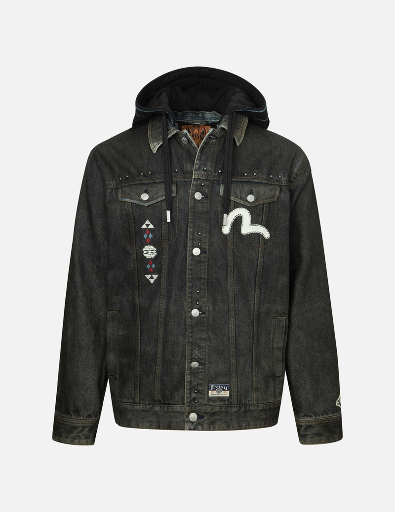 ETHNIC-INSPIRED WHEEL OF WISDOM PRINT AND EMBROIDERY RELAX FIT DENIM JACKET - 1