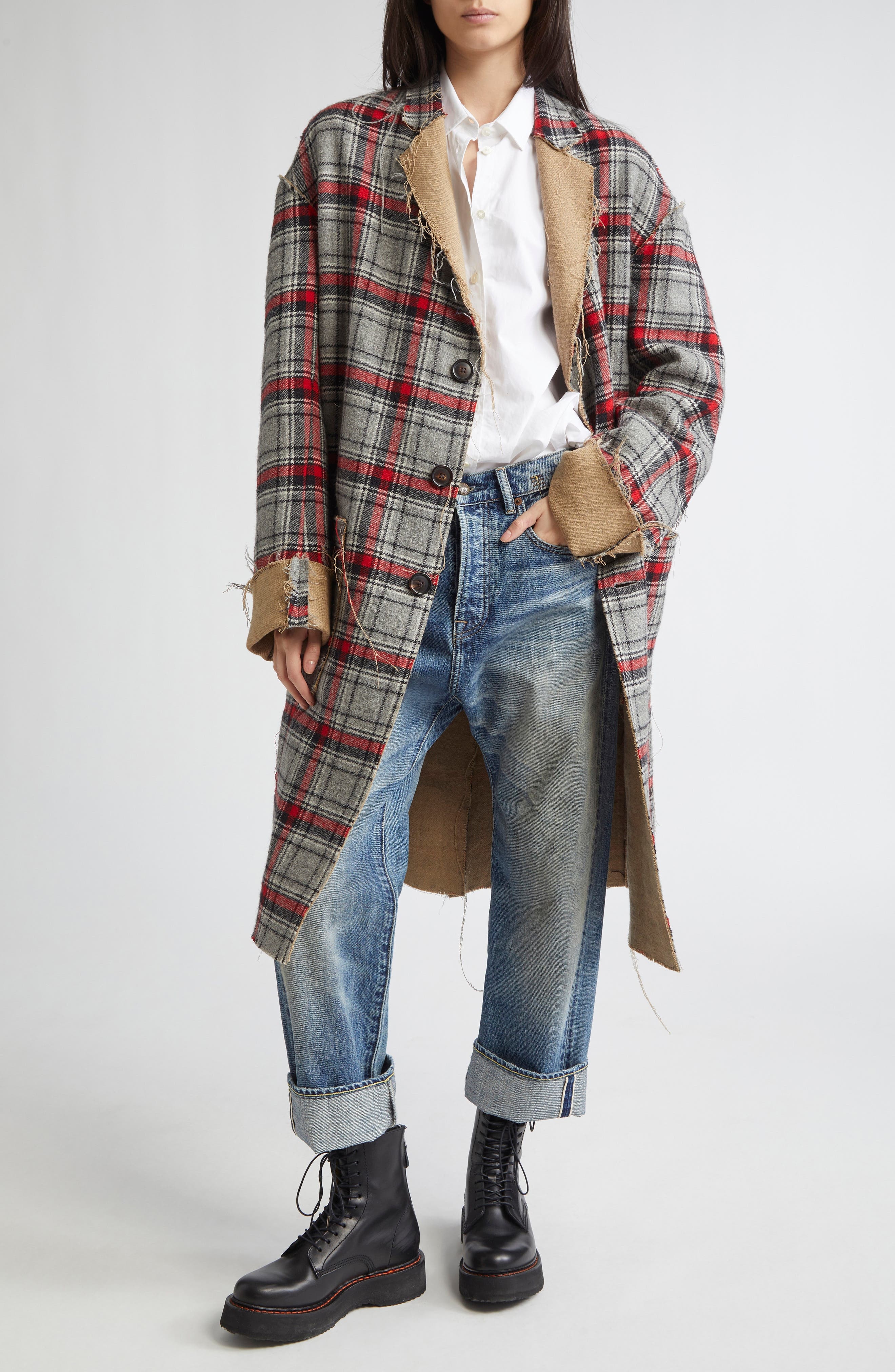 R13 Reversible Raw Cut Cotton & Virgin Wool Coat in Red/Grey Plaid at Nordstrom - 2