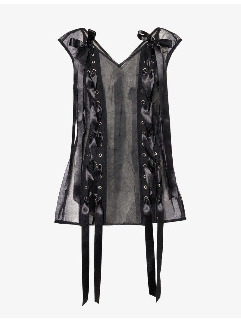 Ribbon-Embellished Semi-Sheer Mesh Top 1