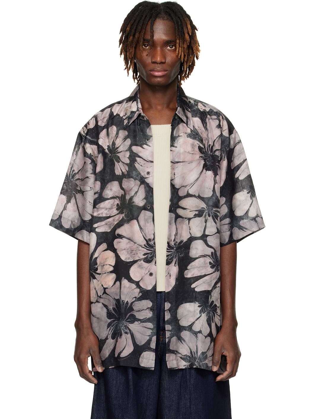 Black & Pink Silk Short Sleeve Shirt - 1