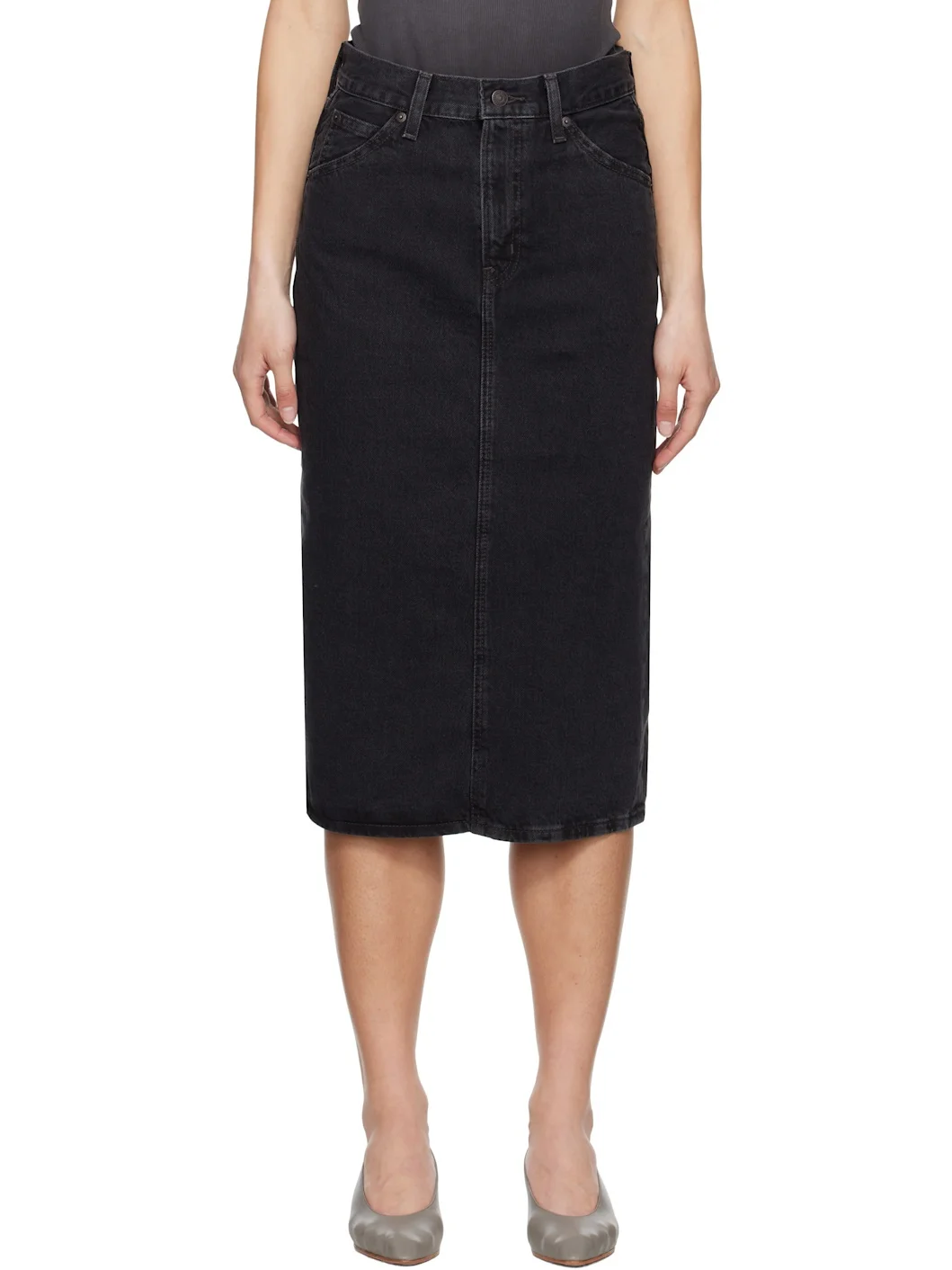Black High Rise Slit Midi Skirt - 1