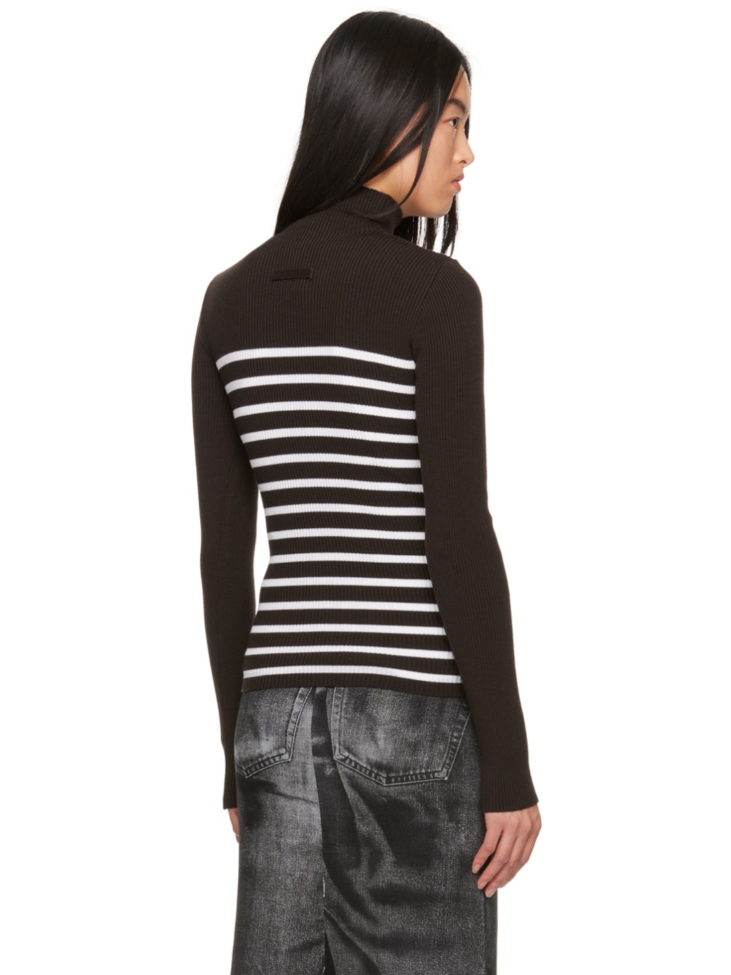 Brown & White Striped Turtleneck - 3