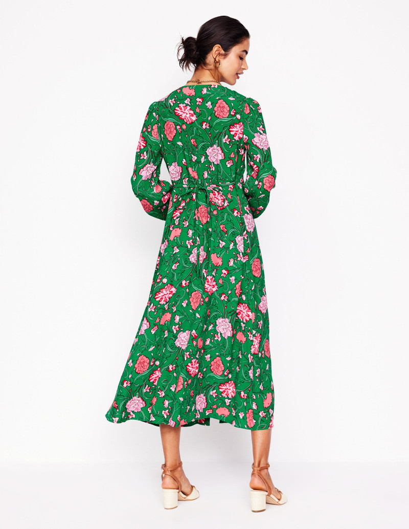 Cynthia Button Tea Dress-Rich Emerald, Carnation Vine 4