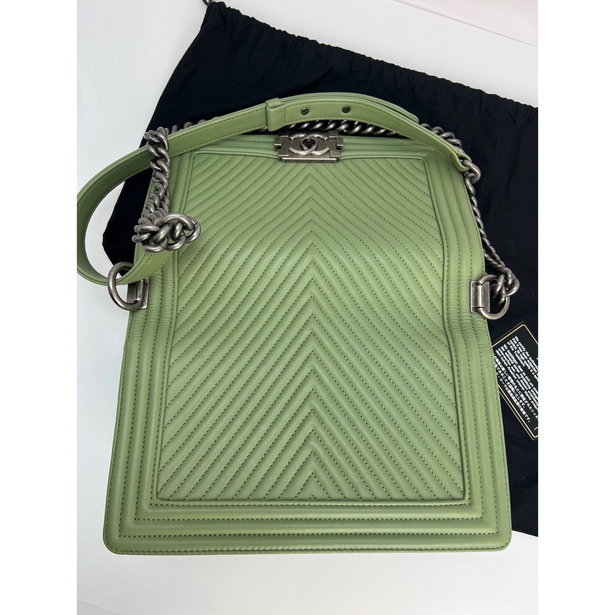Chanel Calfskin Chevron Quilted Medium Boy Flap Light Green Bag - 14
