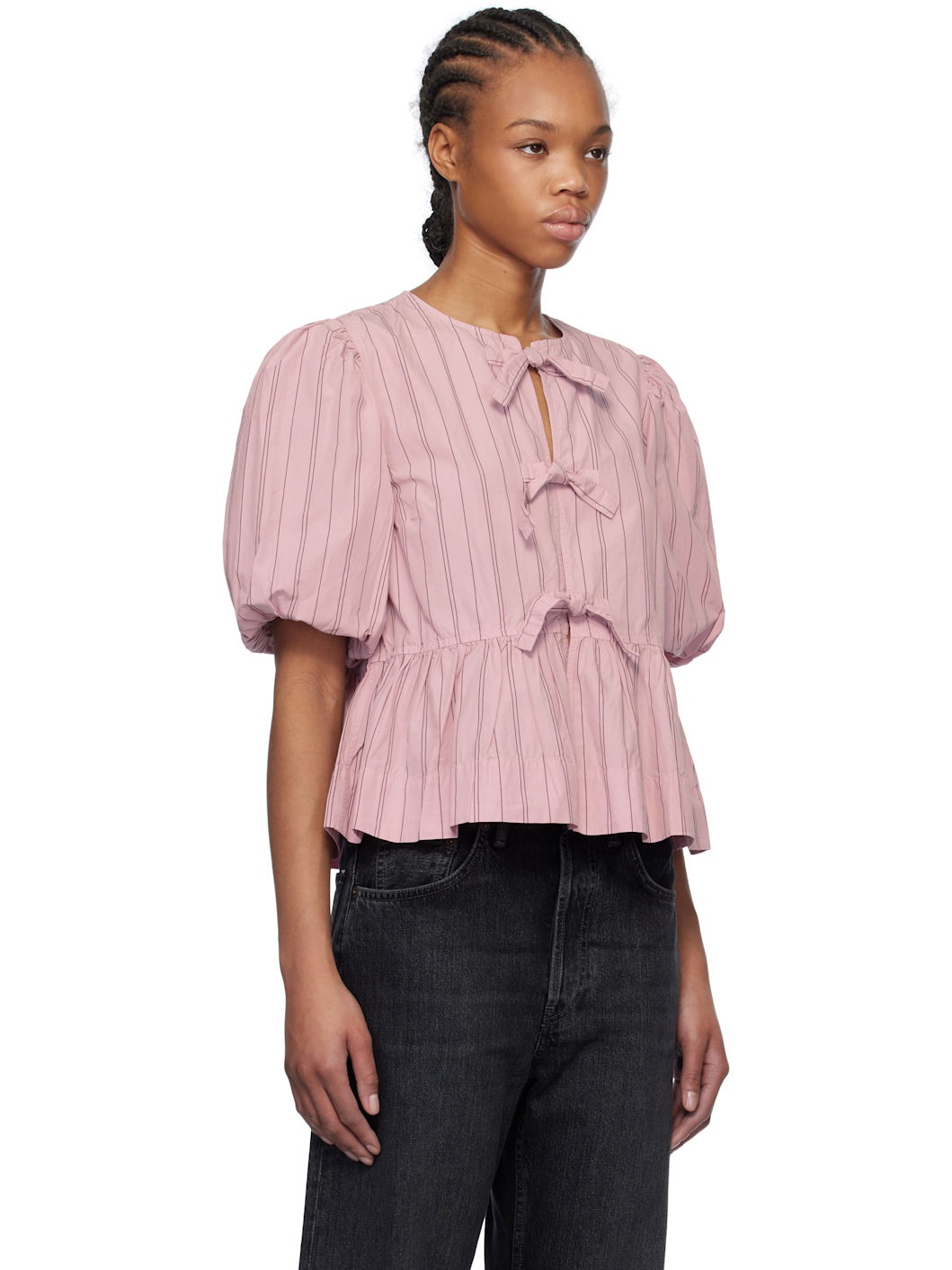 Pink Cotton Poplin Peplum Tie Blouse - 2