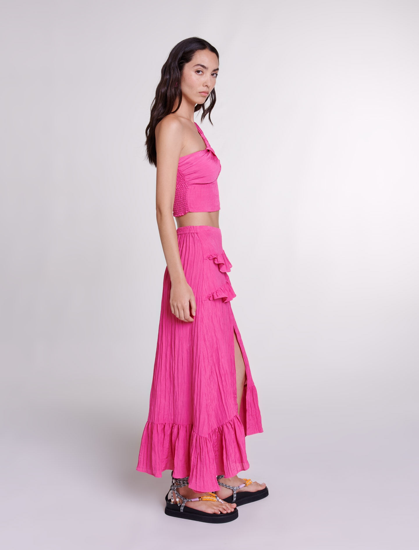 Long satin-effect crinkle skirt - 3
