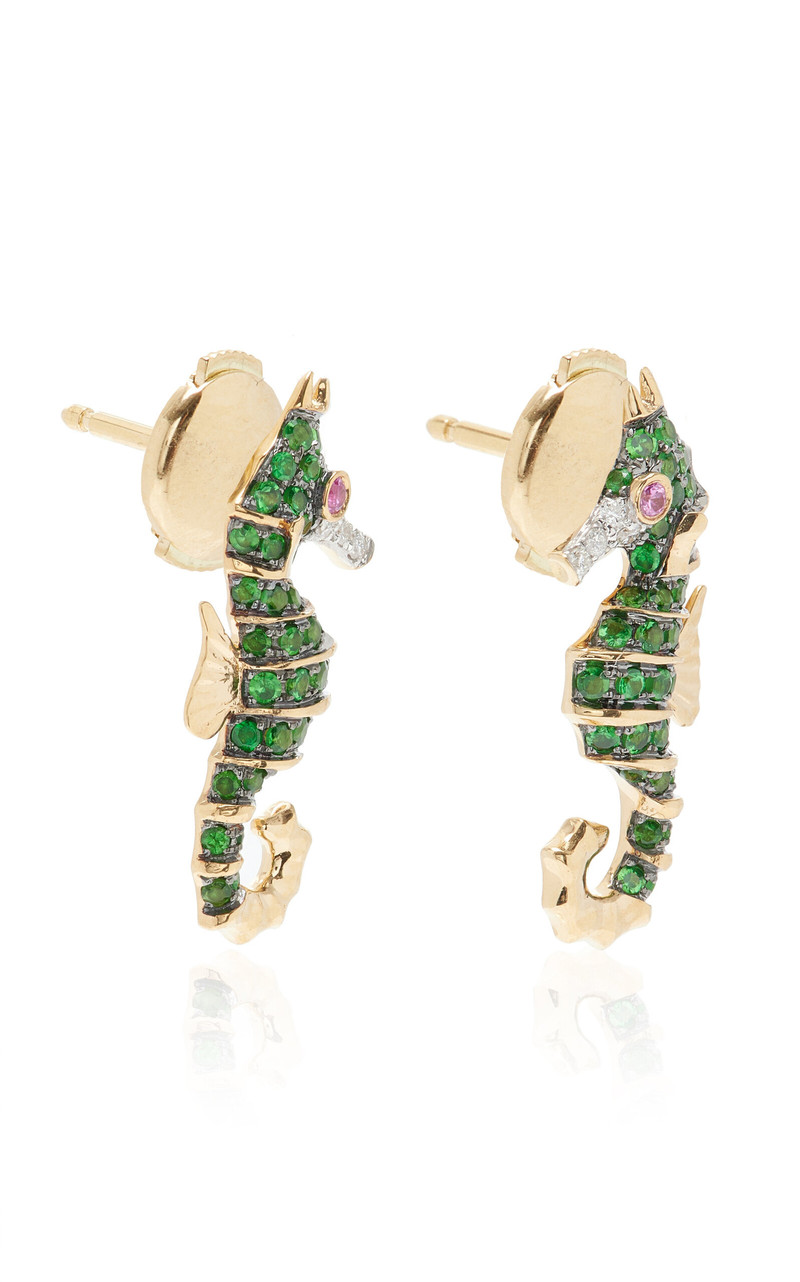 Seahorse 18K Gold Multi-Stone Earrings green 4