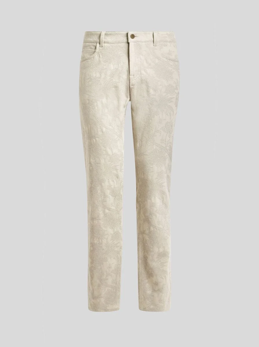 COTTON GABARDINE JACQUARD TROUSERS WITH FLORAL MOTIF - 1