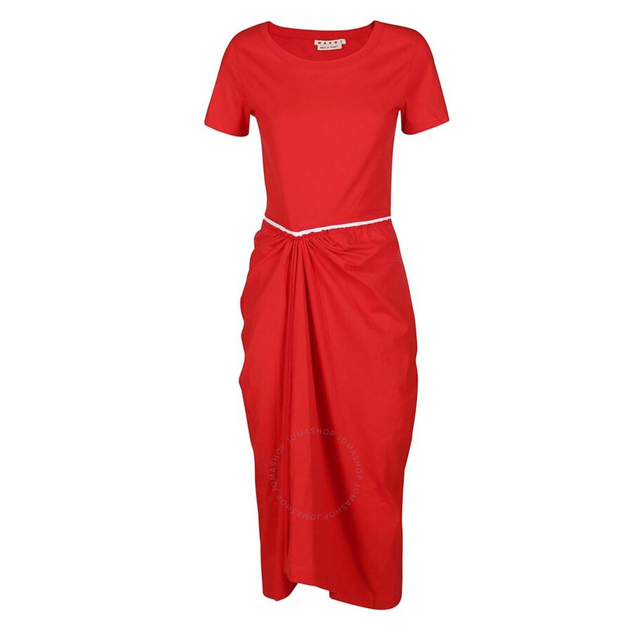 Marni Ladies Ruched Cut-Out Round Neck Midi Dress - 6