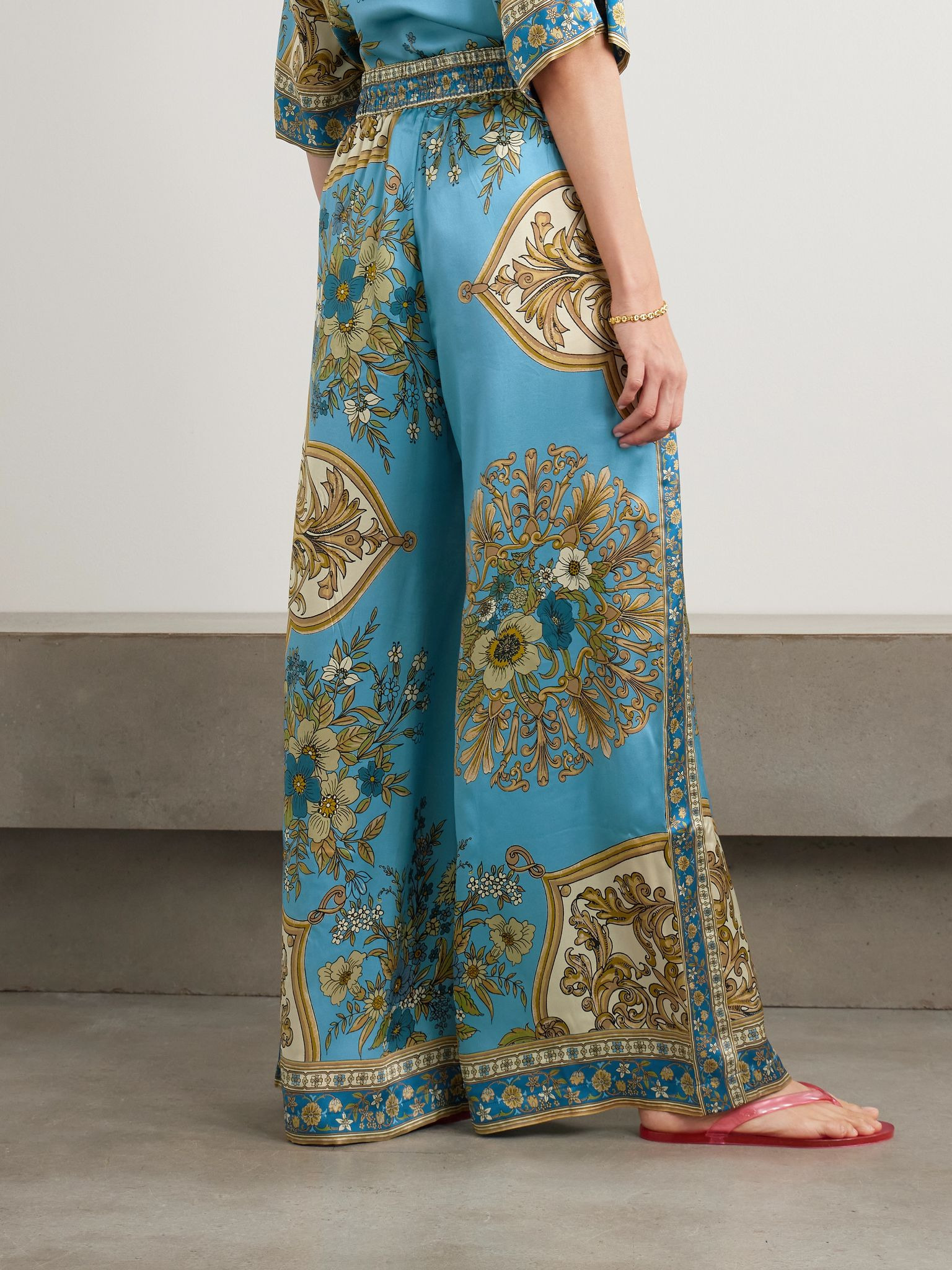 Cassie printed silk-satin wide-leg pants Blue - 4