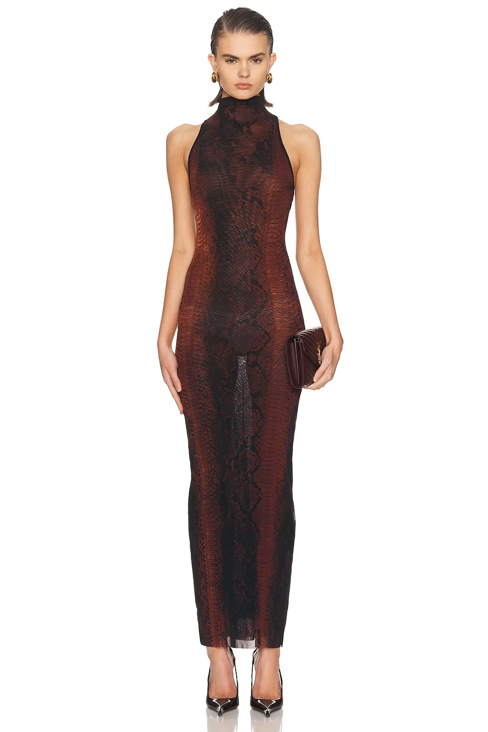 Mesh High Neck Printed Python Long Dress - 1