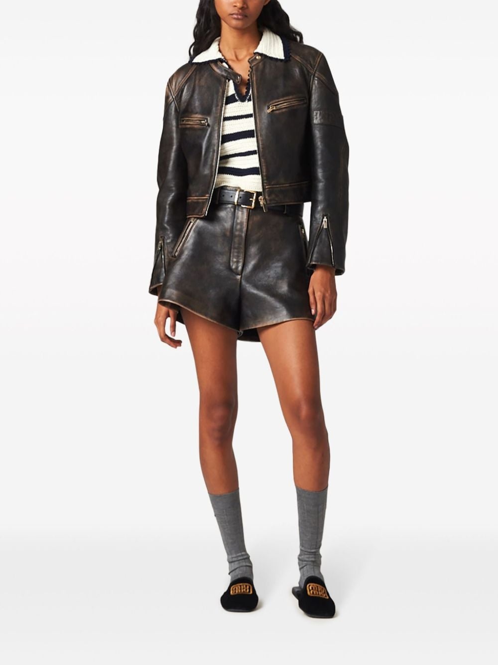 distressed leather mini shorts - 2