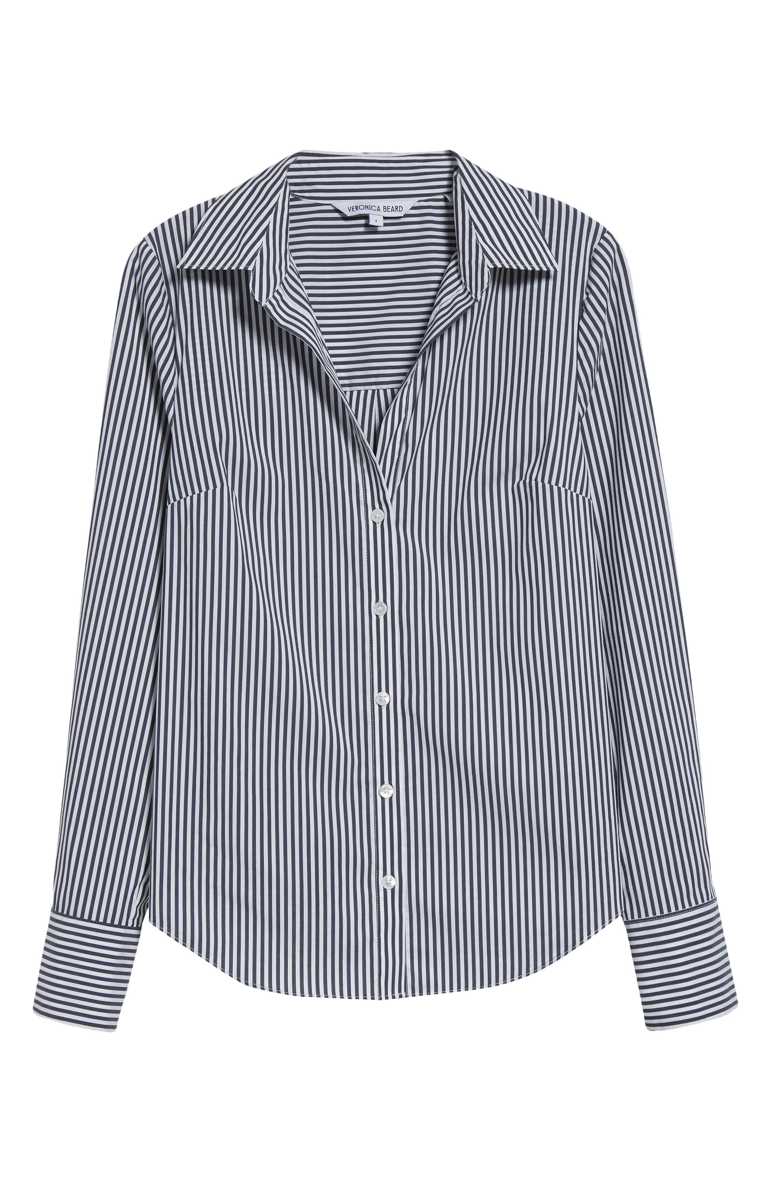 Veronica Beard Amelia Stripe Cotton Blend Button-Up Shirt in Navy White at Nordstrom - 6