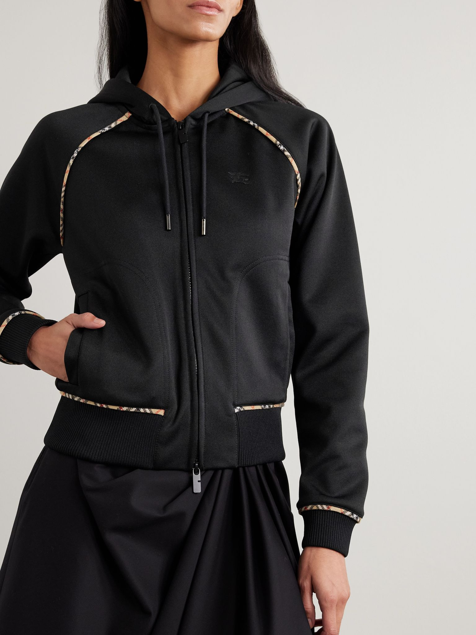 Checked piqué-trimmed jersey hooded track jacket Black - 3