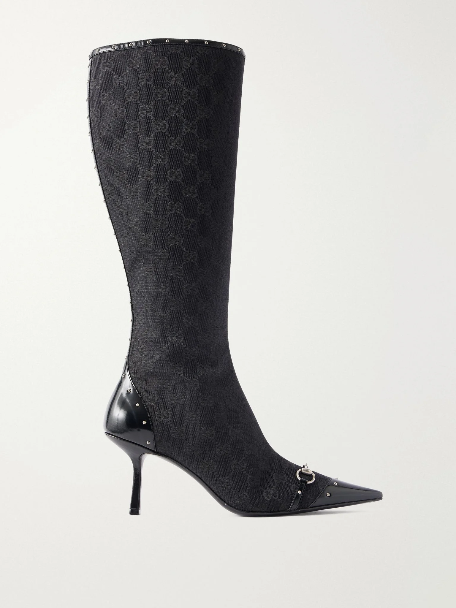 Savoy horsebit-embellished leather-trimmed canvas-jacquard knee boots Black - 1