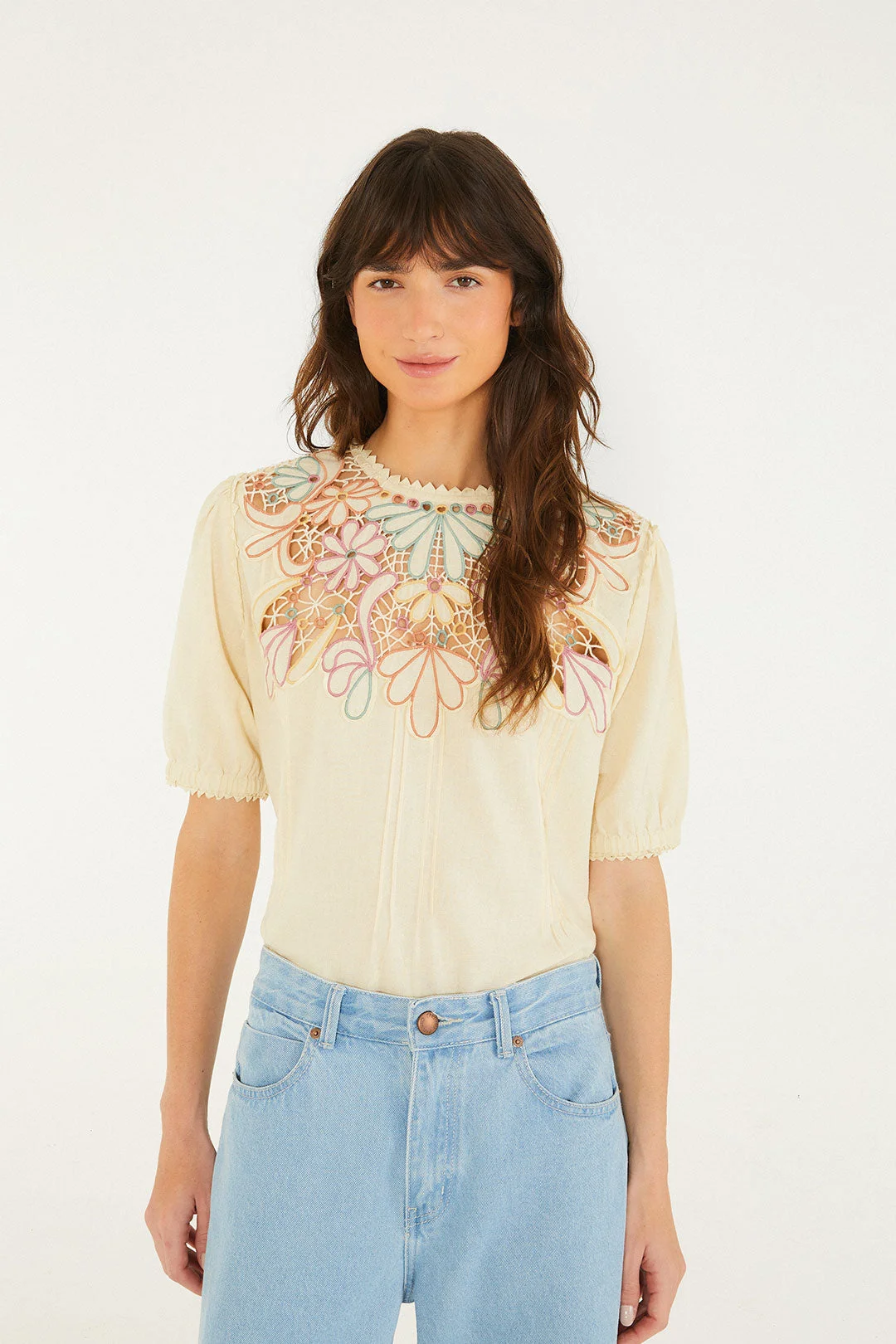 Beige Flower Embroidery Short Sleeve Blouse - 1