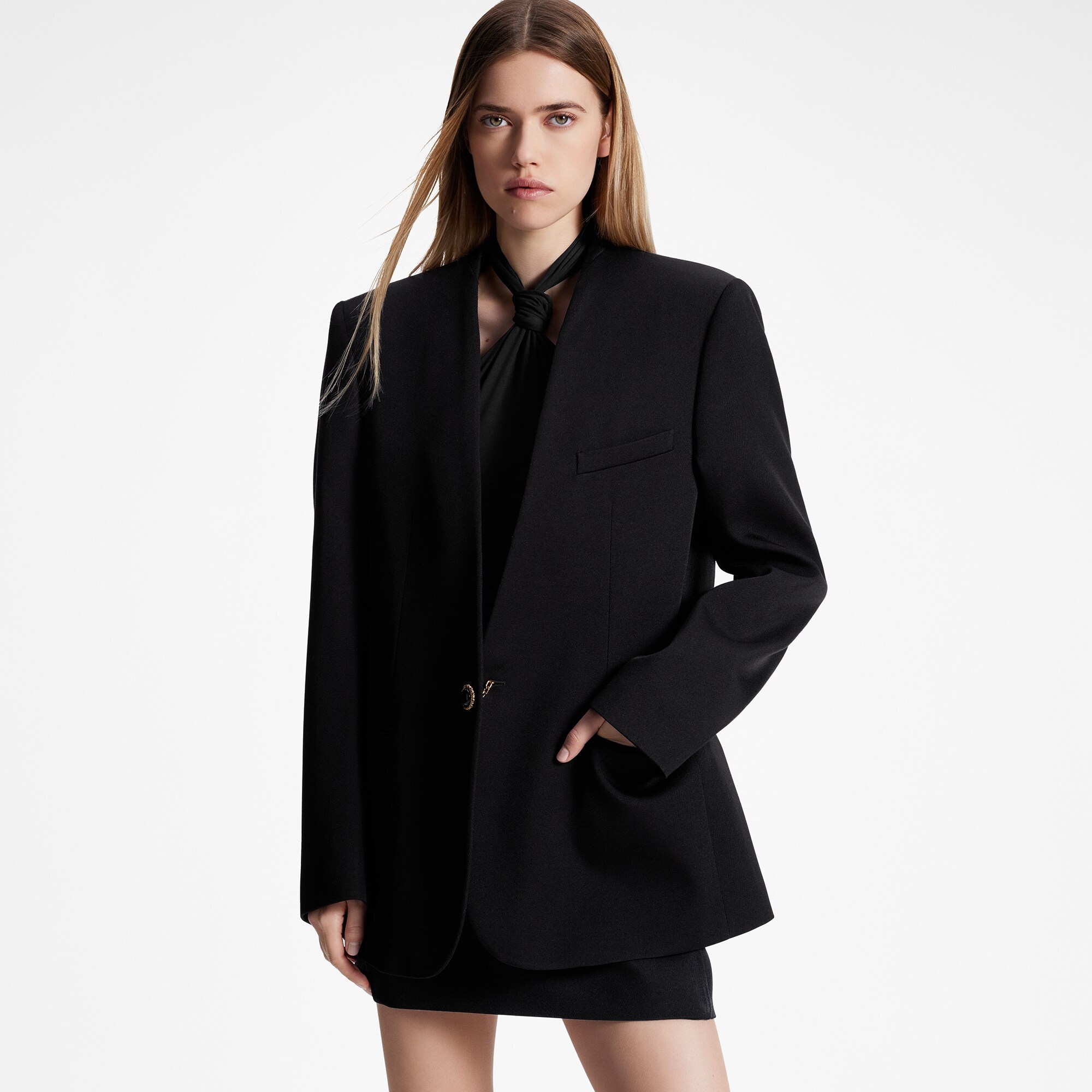 Collarless Wool Twill Blazer - 5