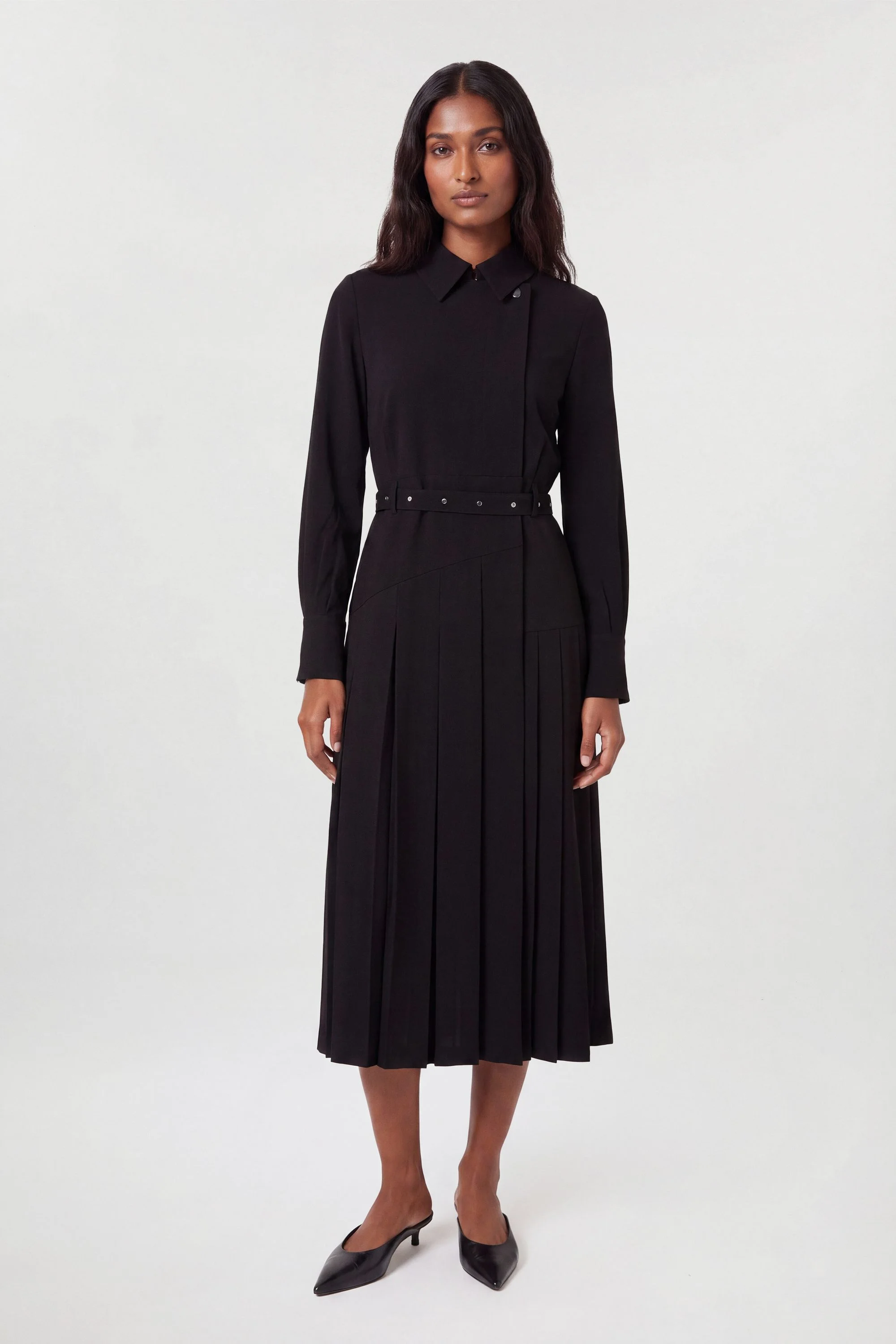 Tailored Crepe Pleated Kilted Midi Dress - 1