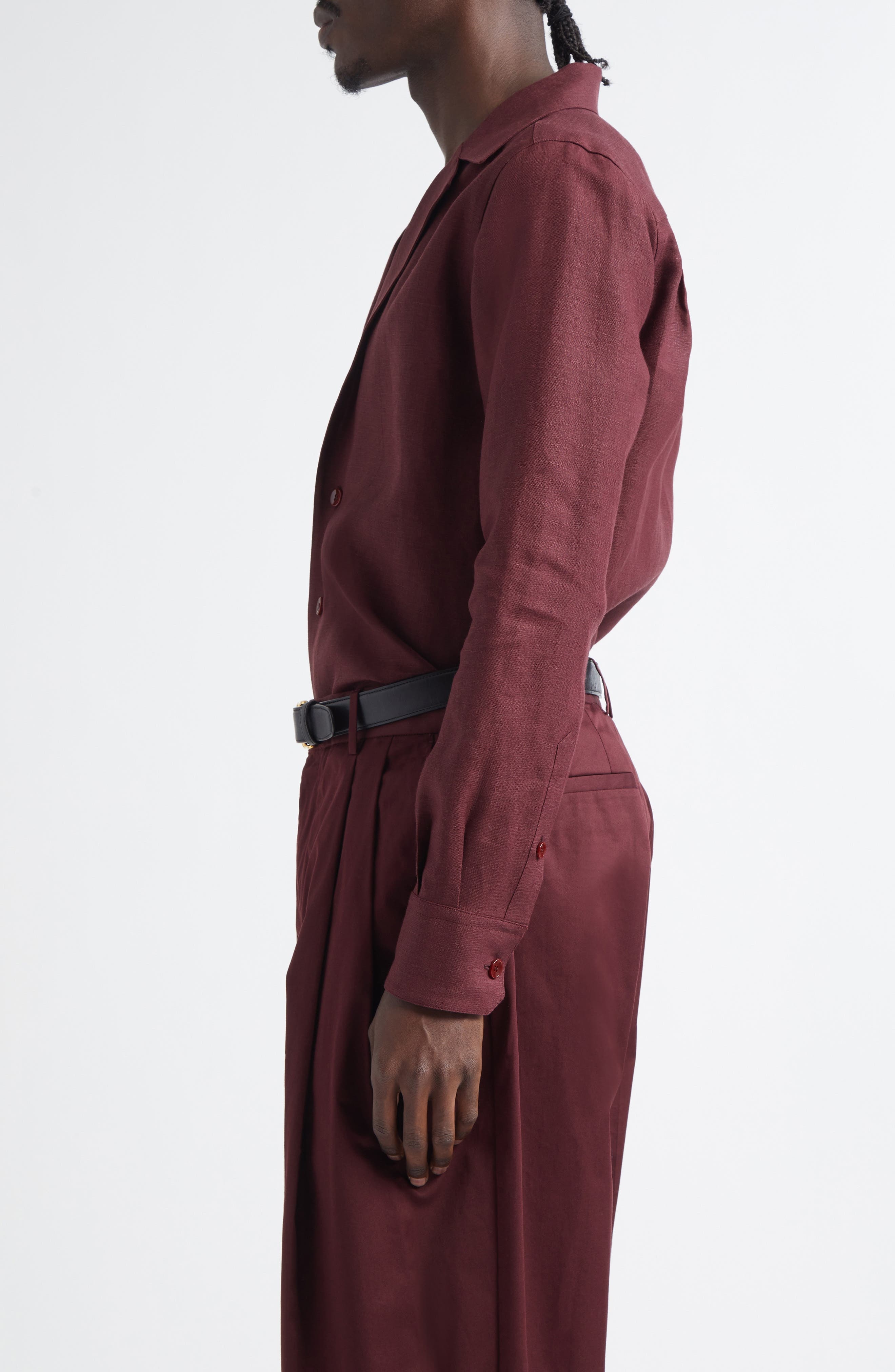 Dolce&Gabbana Deep V Linen Button-Up Shirt in M5039 Brown Dark Violet at Nordstrom - 3
